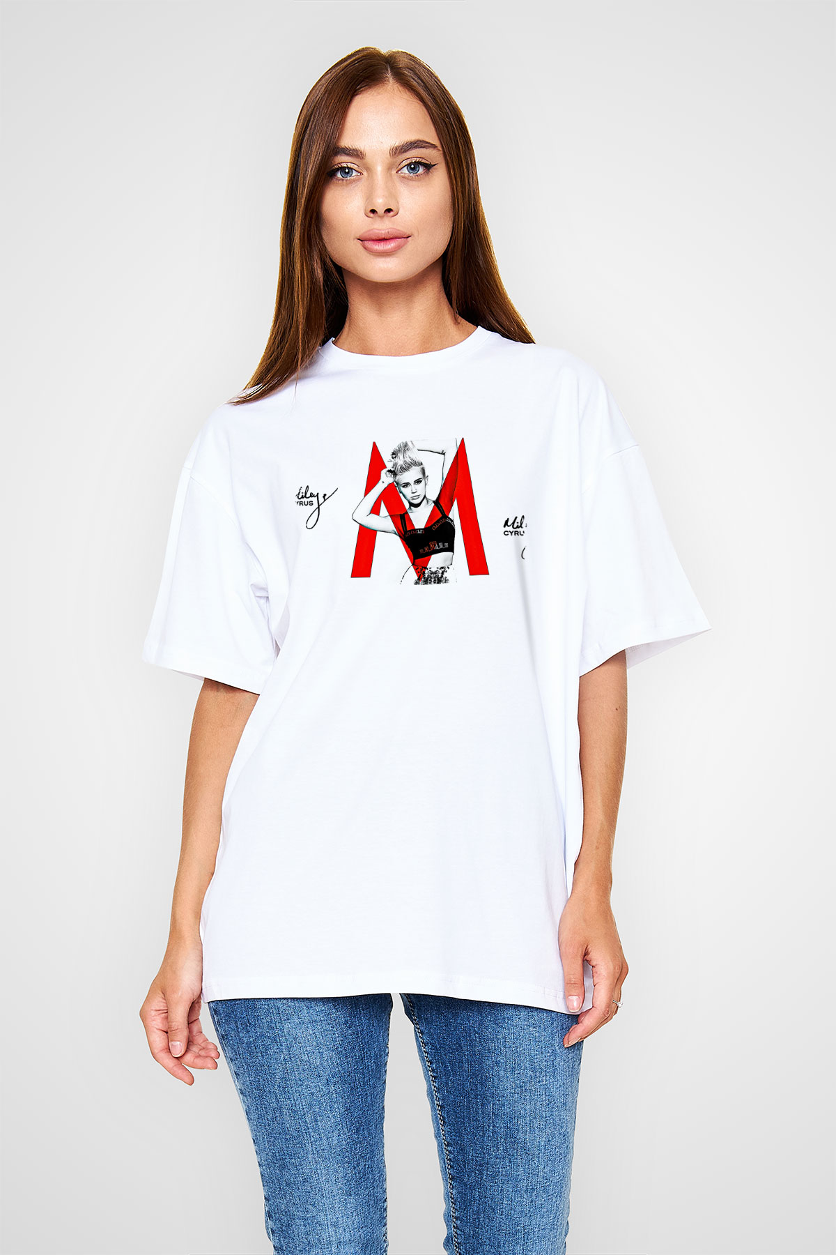 Miley Cyrus Baskılı Beyaz Unisex Oversize Tişört - Tshirt