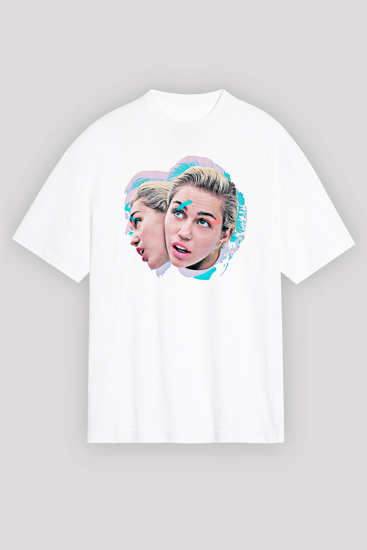 Miley Cyrus Baskılı Beyaz Unisex Oversize Tişört - Tshirt