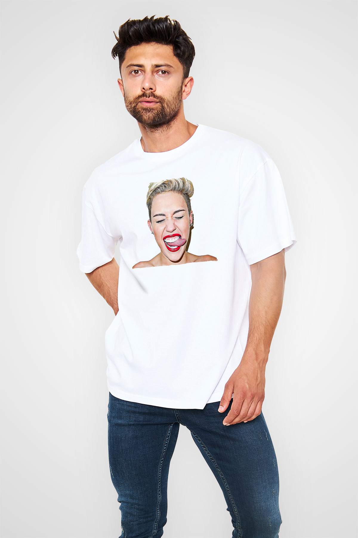 Miley Cyrus Baskılı Beyaz Unisex Oversize Tişört - Tshirt