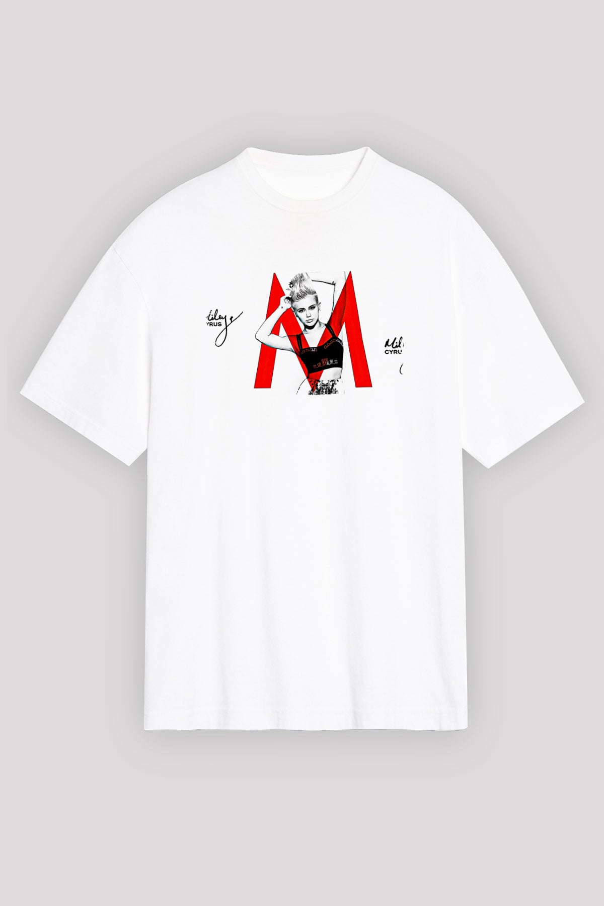 Miley Cyrus Baskılı Beyaz Unisex Oversize Tişört - Tshirt