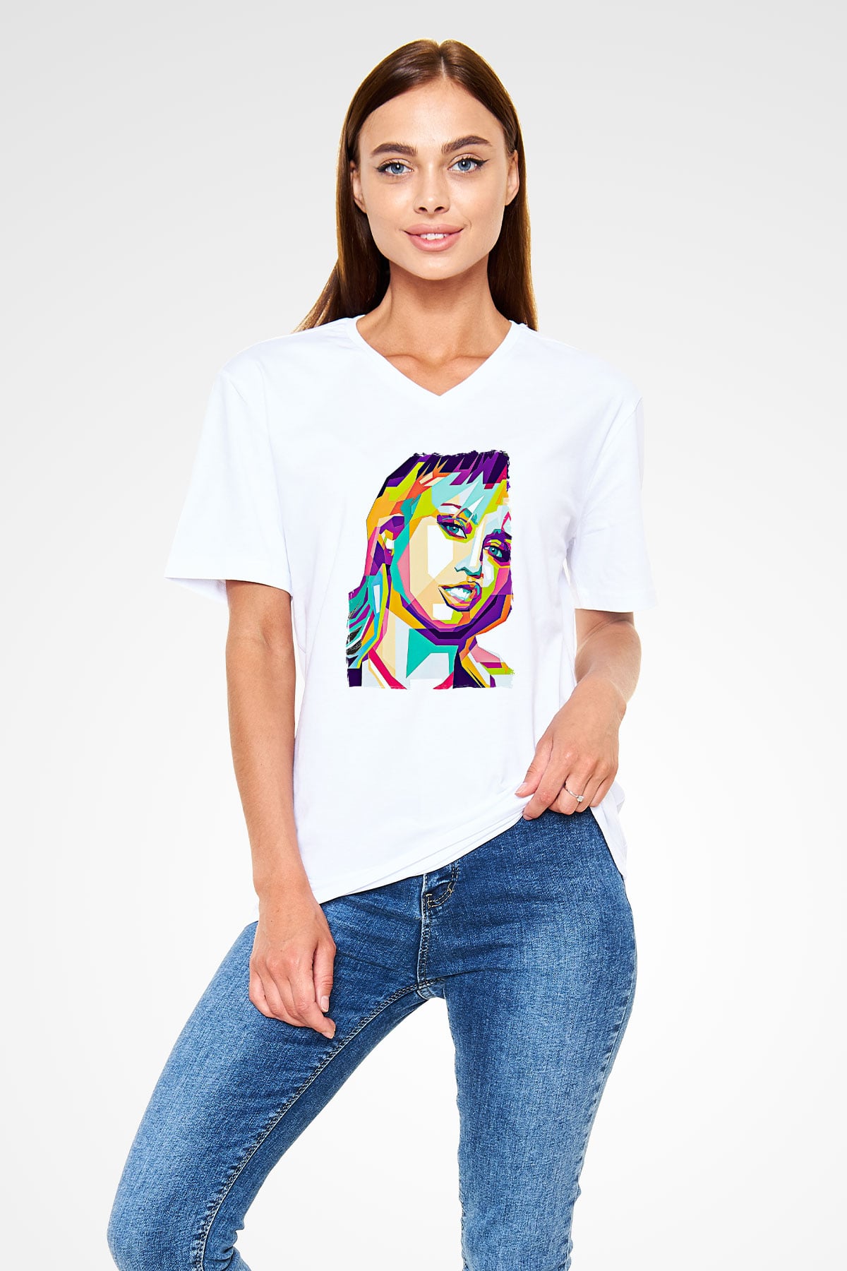Miley Cyrus Baskılı Beyaz Unisex V Yaka Tişört - Tshirt