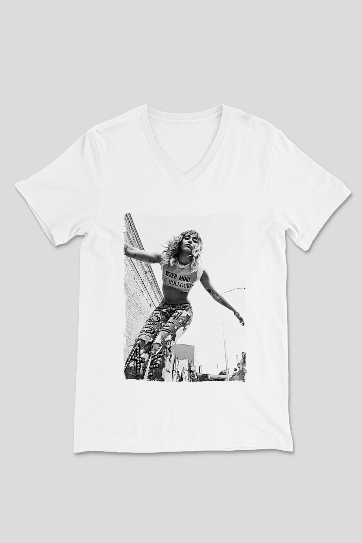 Miley Cyrus Baskılı Beyaz Unisex V Yaka Tişört - Tshirt