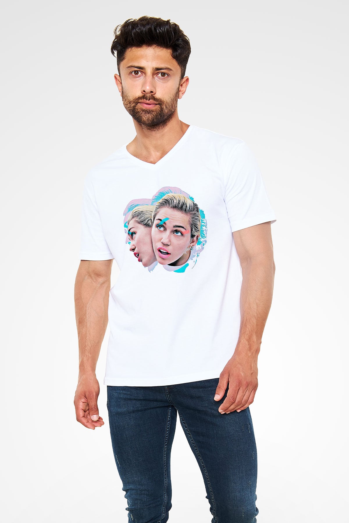 Miley Cyrus Baskılı Beyaz Unisex V Yaka Tişört - Tshirt