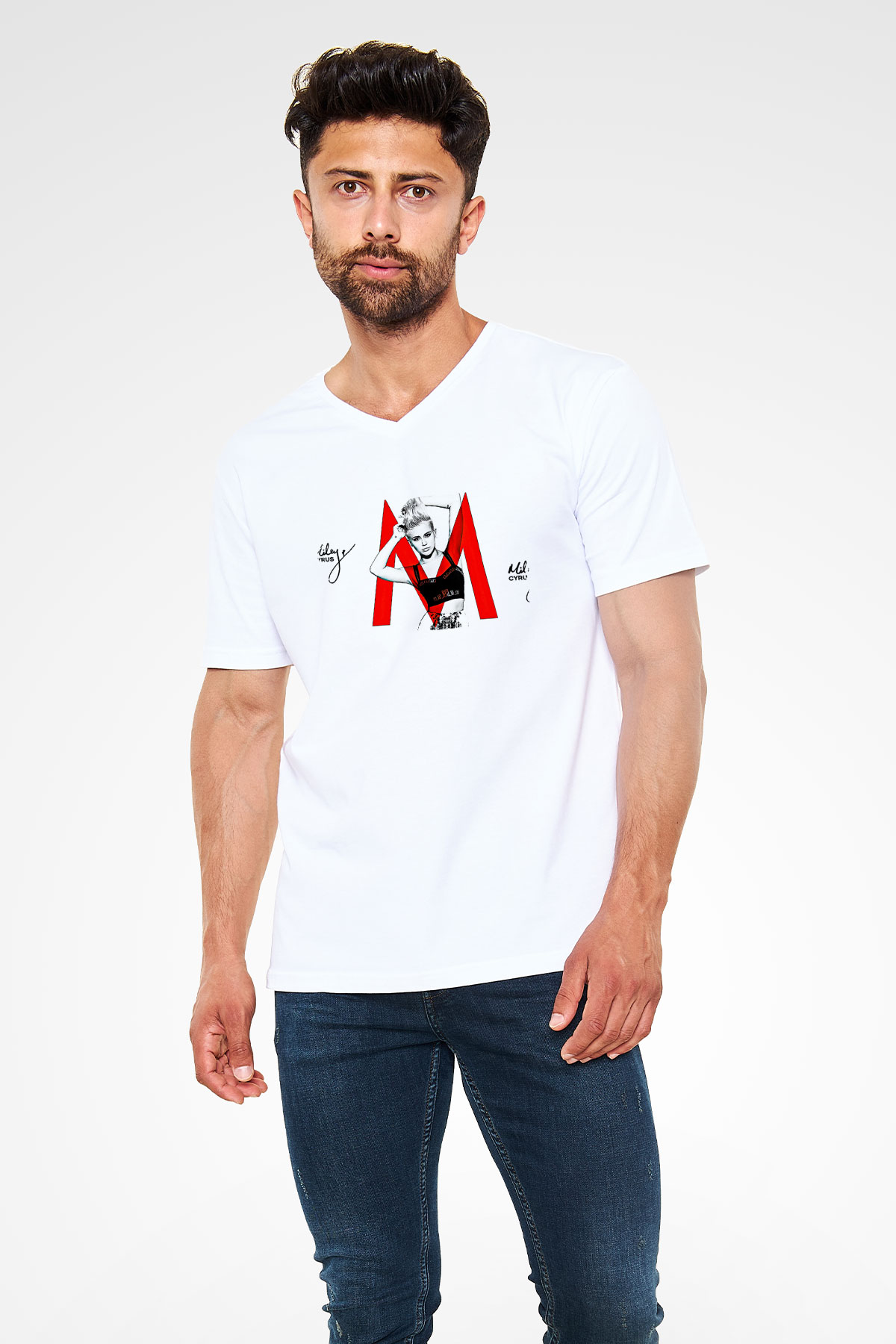Miley Cyrus Baskılı Beyaz Unisex V Yaka Tişört - Tshirt