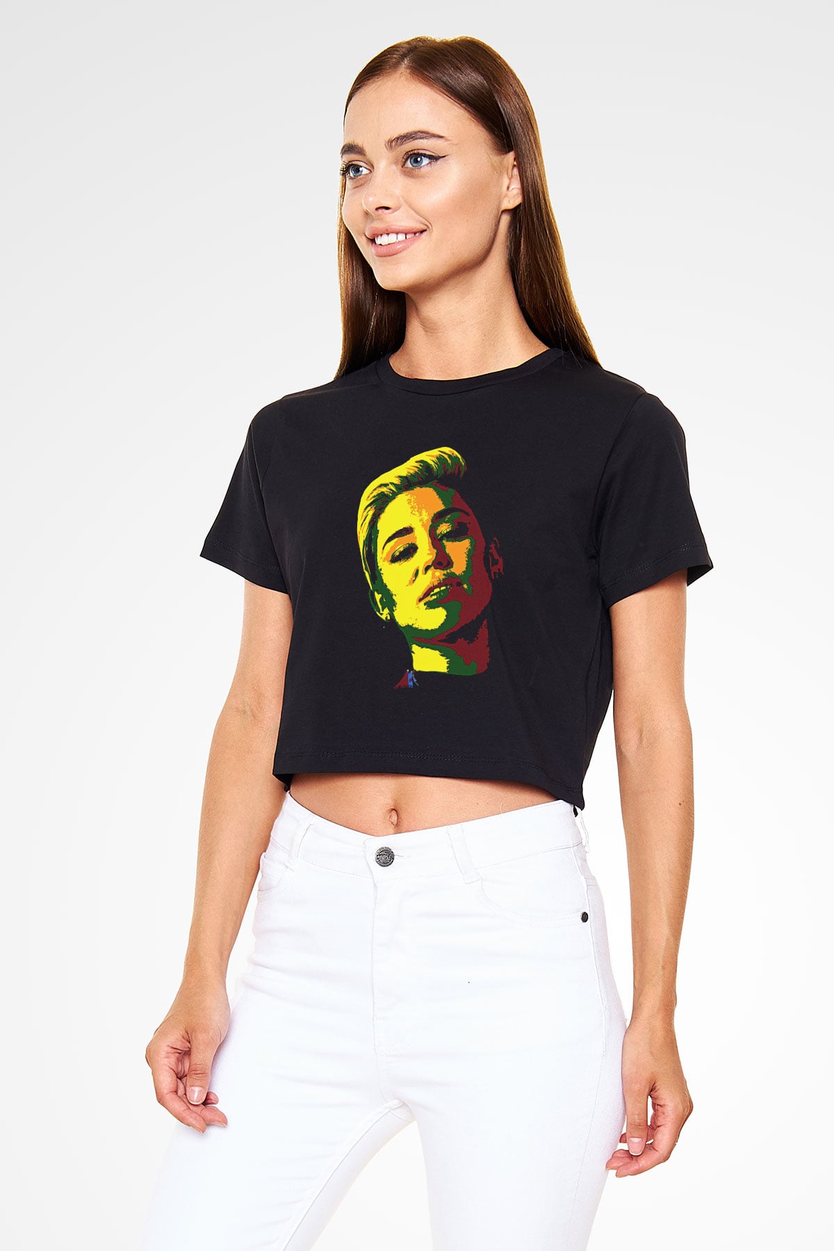 Miley Cyrus Baskılı Siyah Crop Top Kadın Tişört - Tshirt