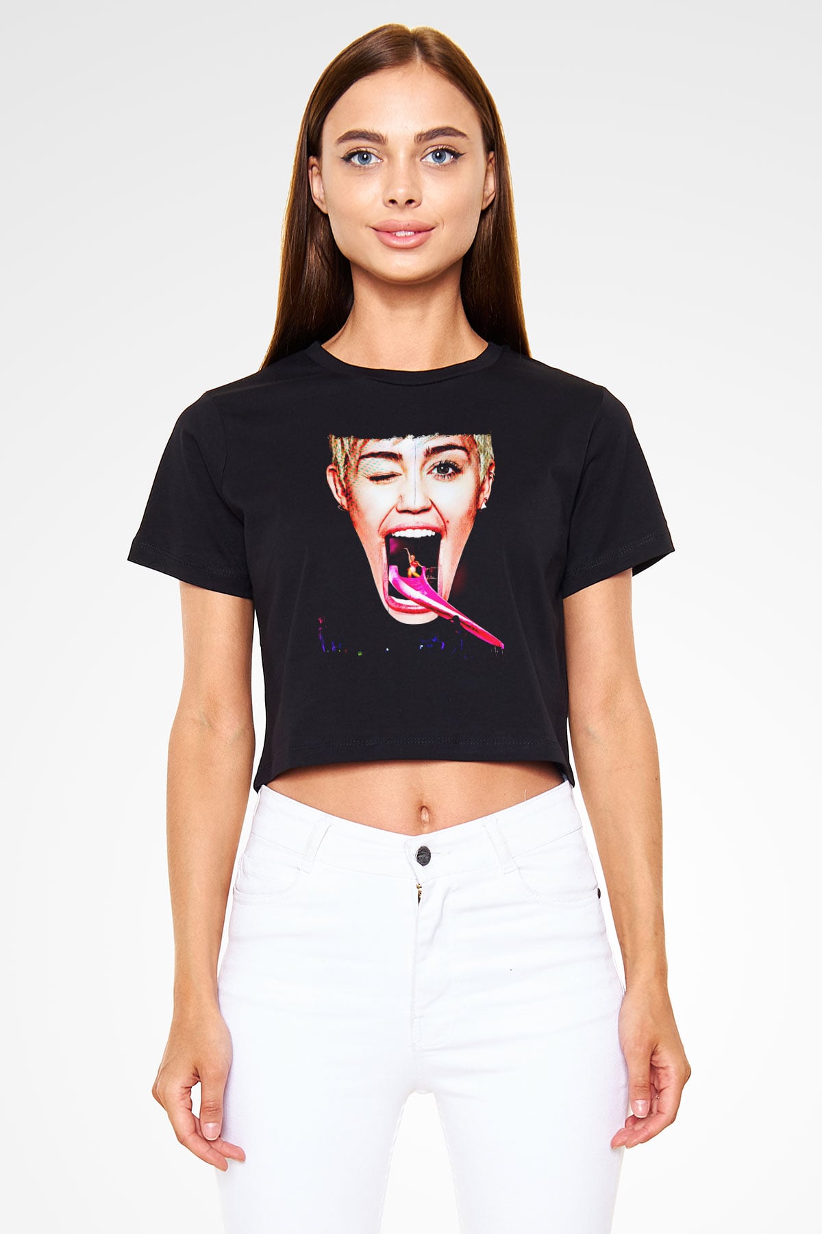 Miley Cyrus Baskılı Siyah Crop Top Kadın Tişört - Tshirt