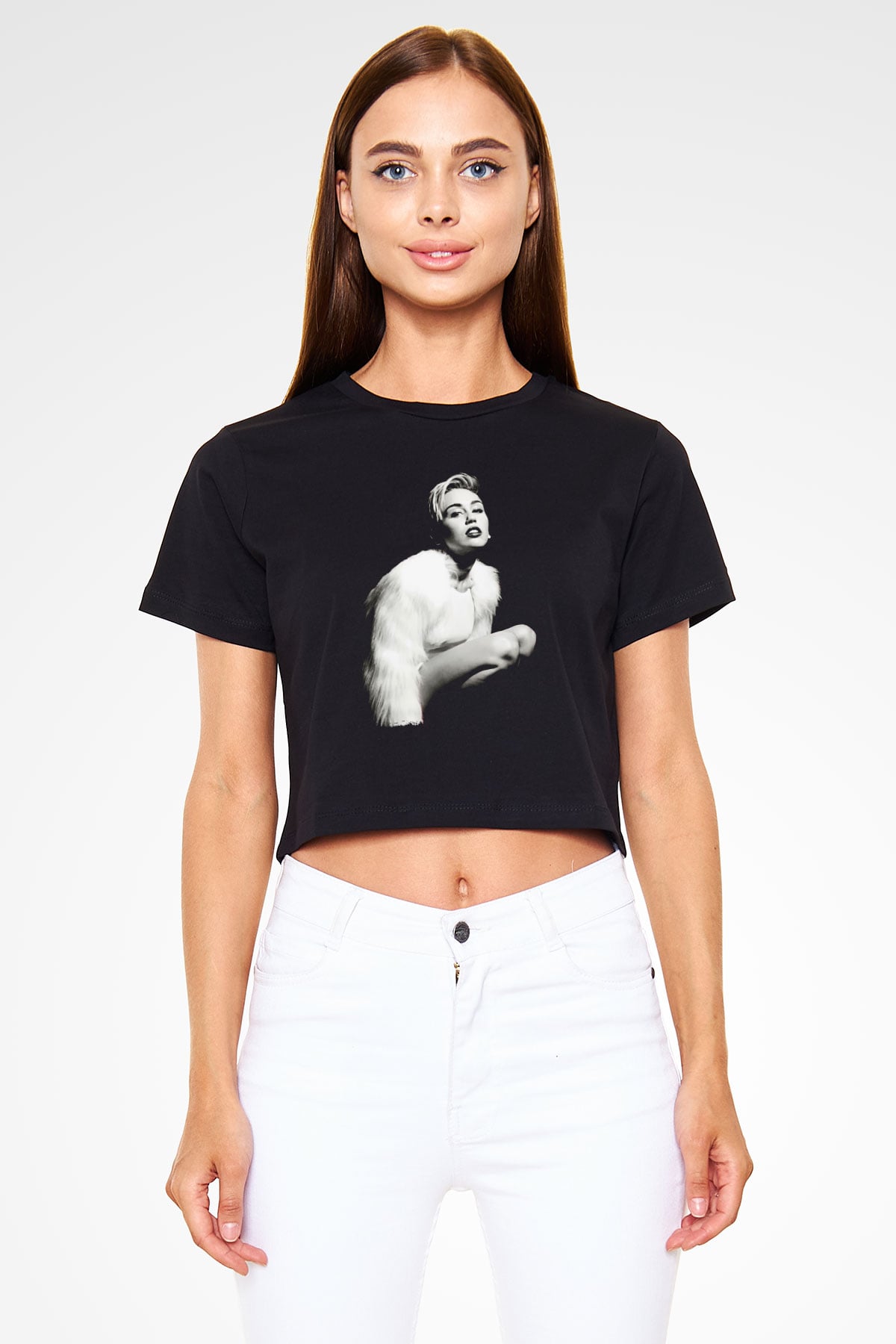 Miley Cyrus Baskılı Siyah Crop Top Kadın Tişört - Tshirt