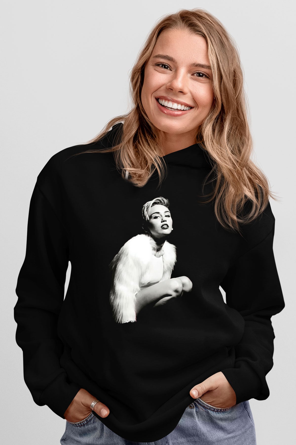 Miley Cyrus Baskılı Unisex Siyah Hoodie