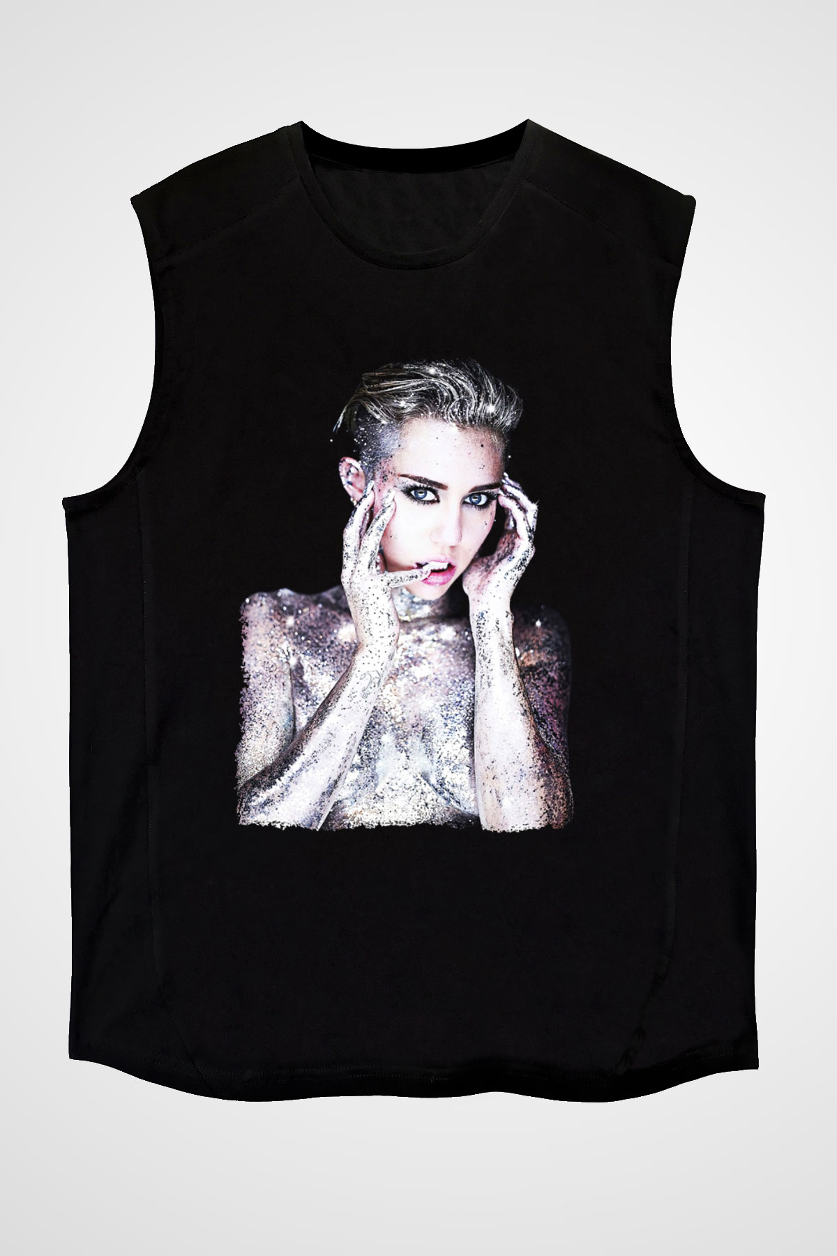 Miley Cyrus Baskılı Unisex Siyah Kolsuz Tişört - Tshirt