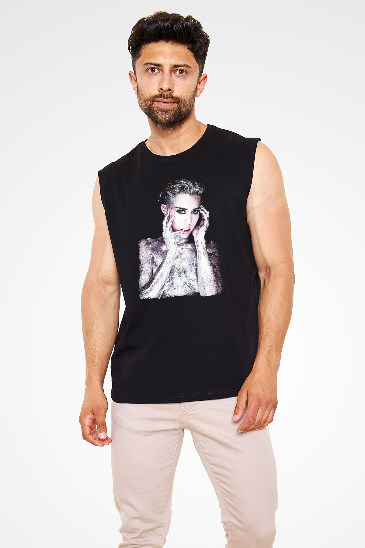 Miley Cyrus Baskılı Unisex Siyah Kolsuz Tişört - Tshirt