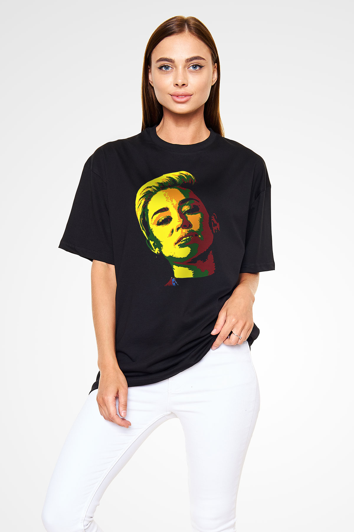 Miley Cyrus Baskılı Unisex Siyah Oversize Tişört - Tshirt