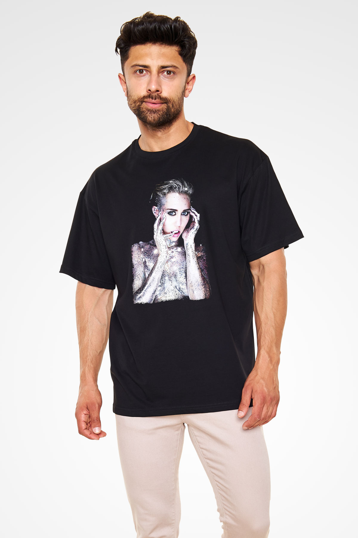 Miley Cyrus Baskılı Unisex Siyah Oversize Tişört - Tshirt