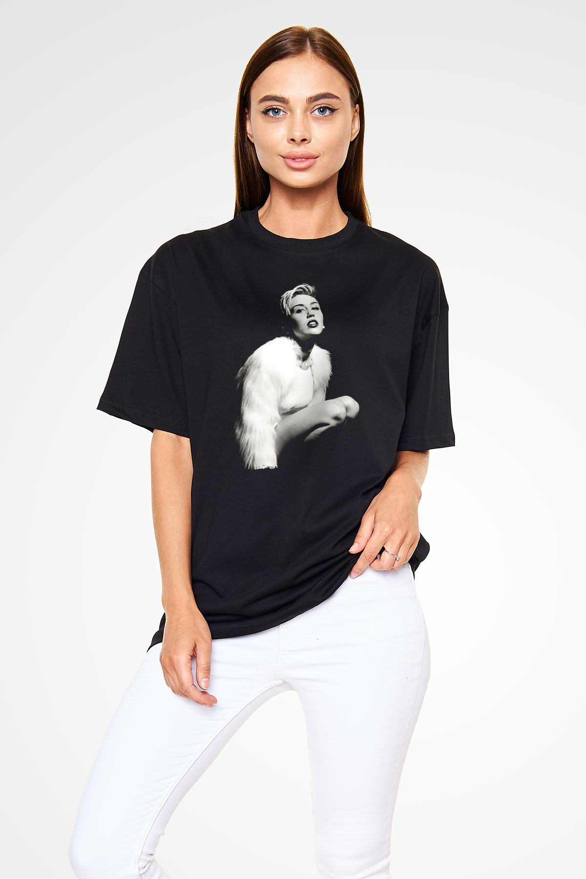 Miley Cyrus Baskılı Unisex Siyah Oversize Tişört - Tshirt