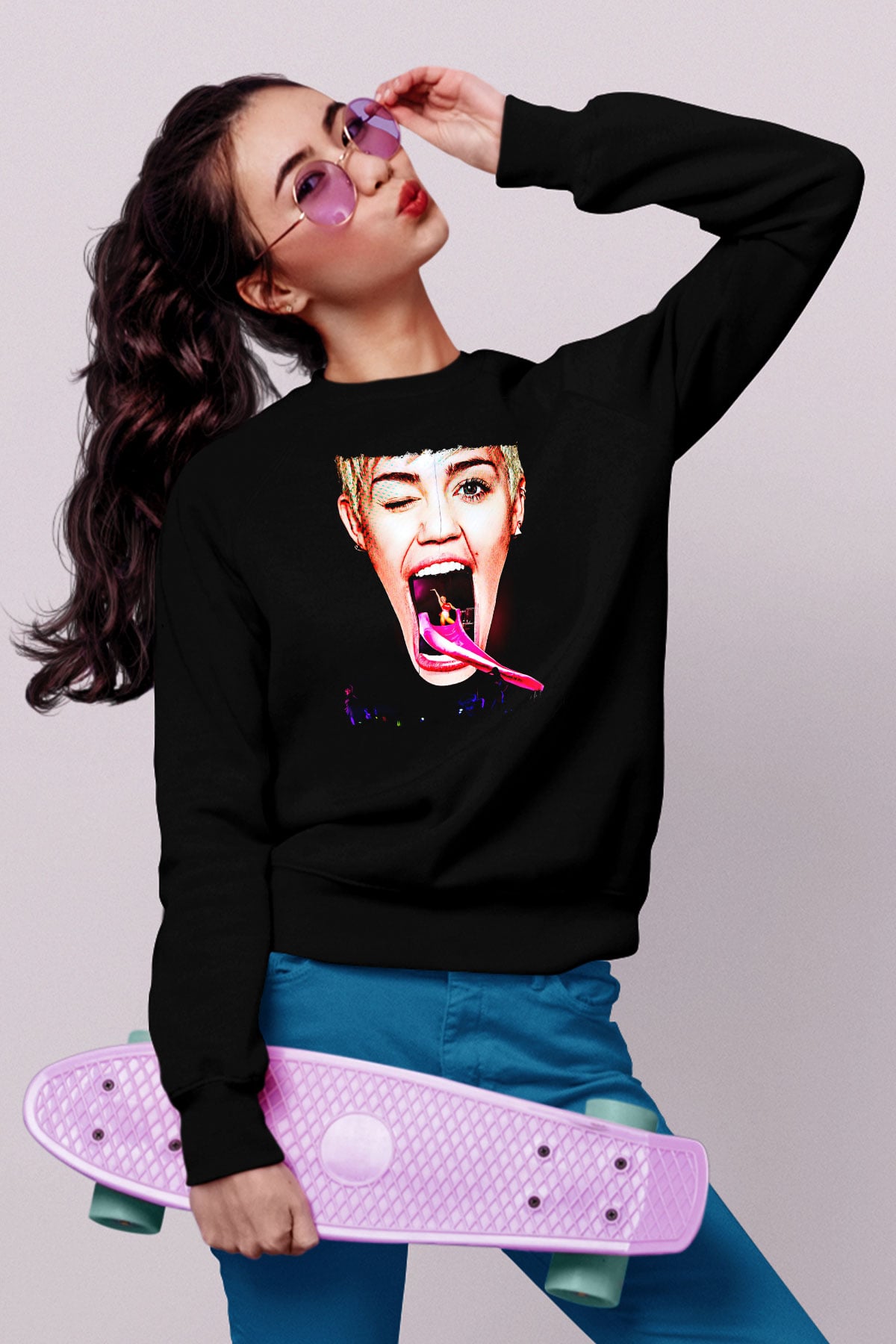 Miley Cyrus Baskılı Unisex Siyah Sweatshirt