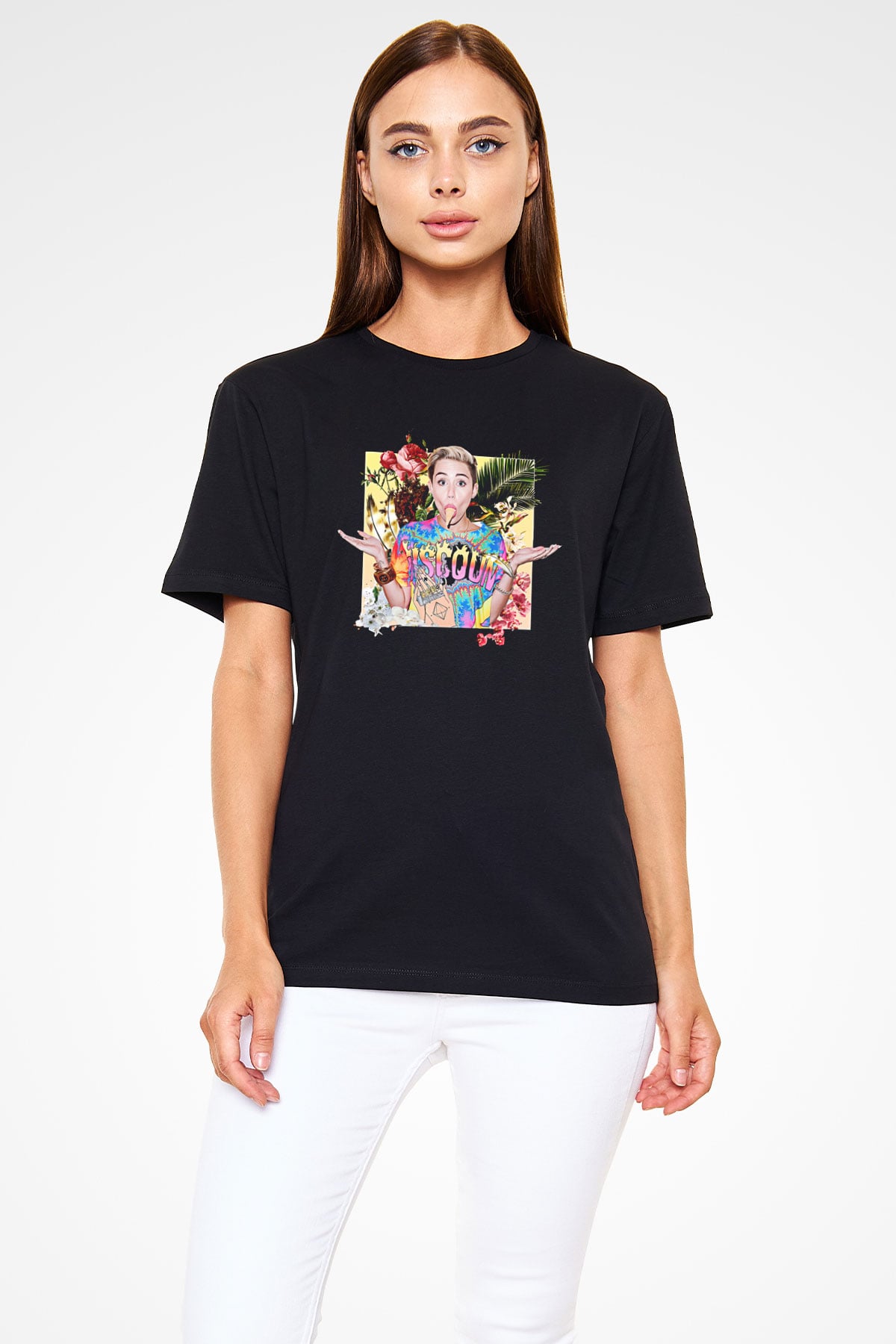 Miley Cyrus Baskılı Unisex Siyah Tişört - Tshirt