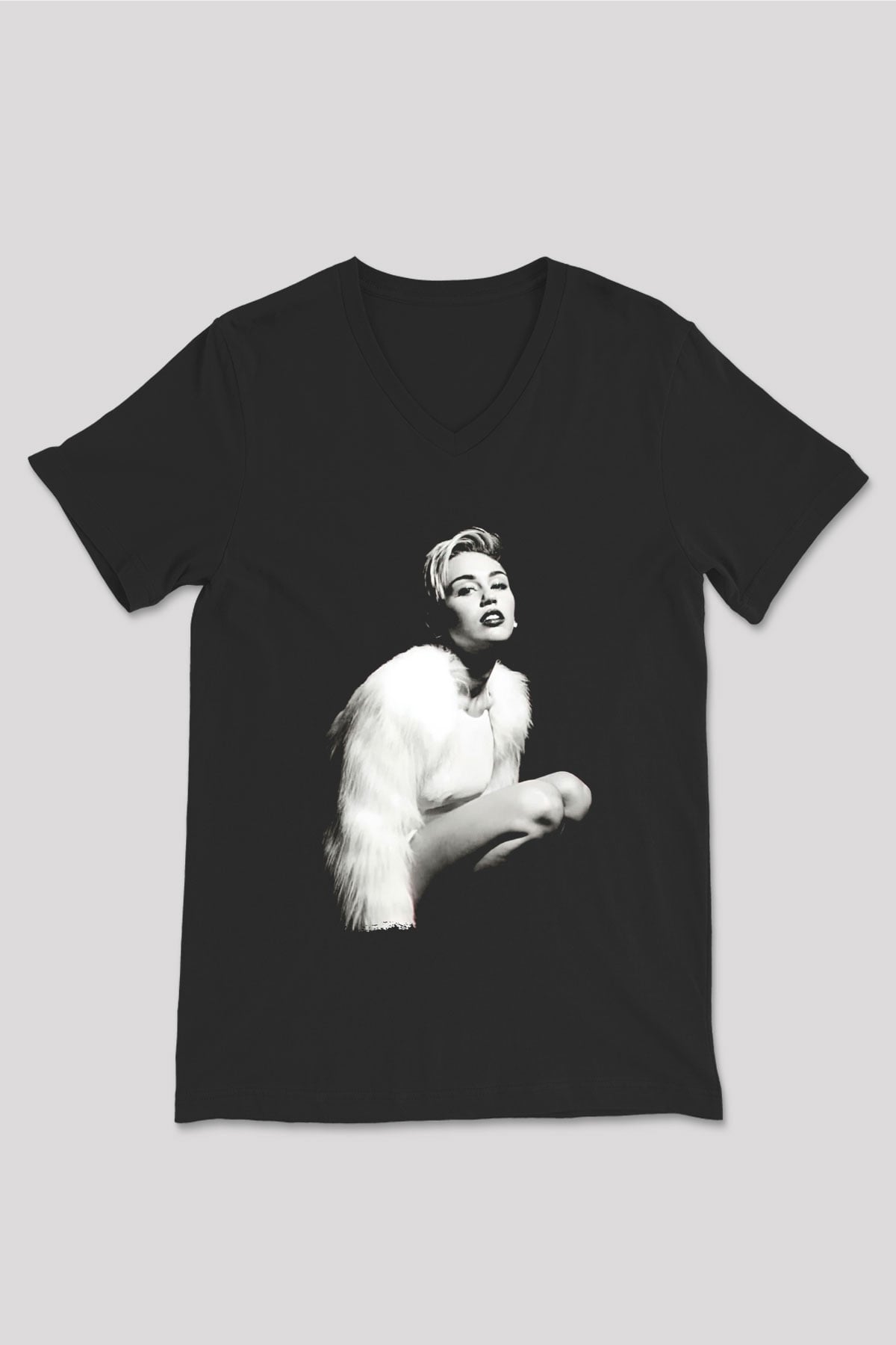 Miley Cyrus Baskılı Unisex Siyah V Yaka Tişört - Tshirt