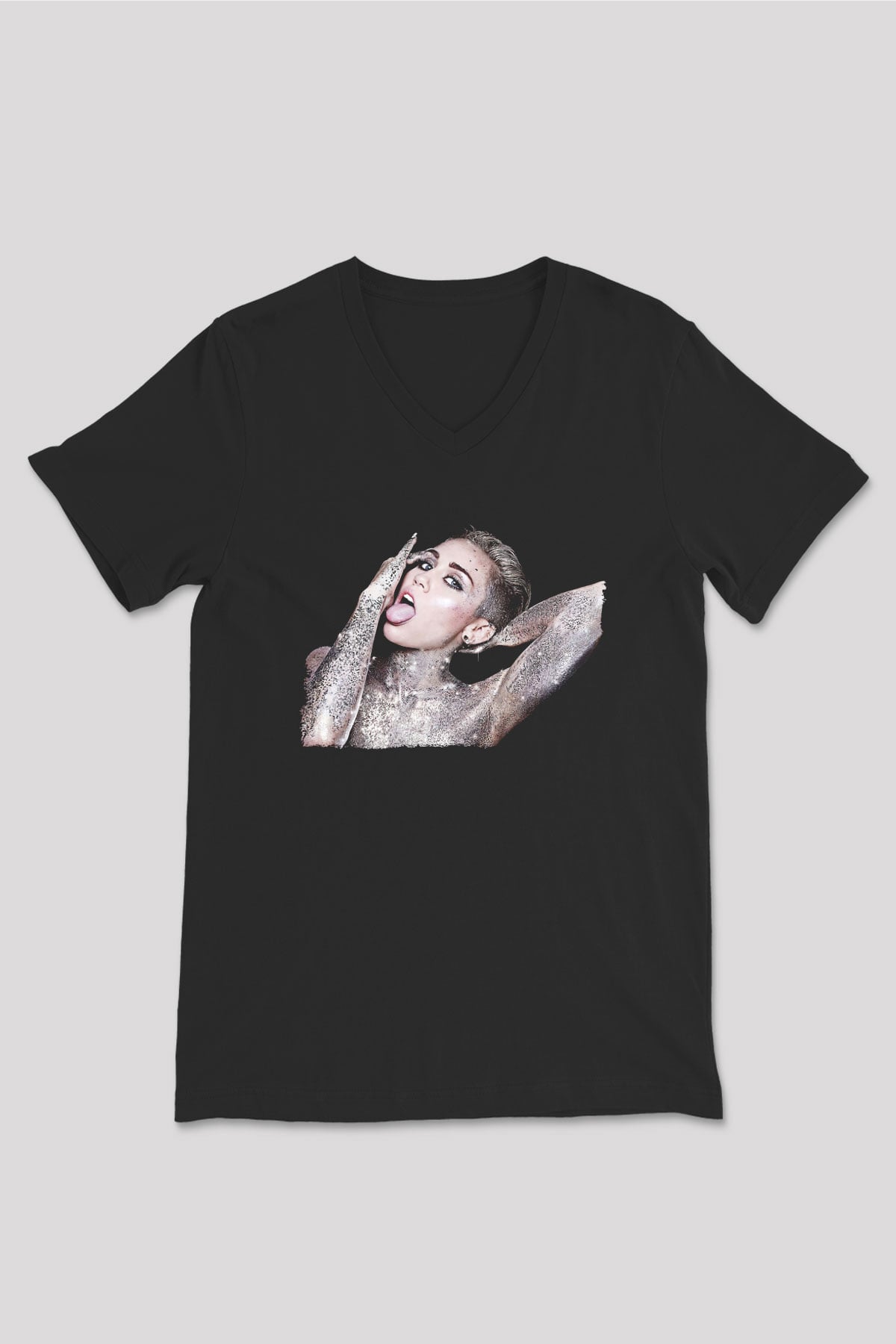Miley Cyrus Baskılı Unisex Siyah V Yaka Tişört - Tshirt