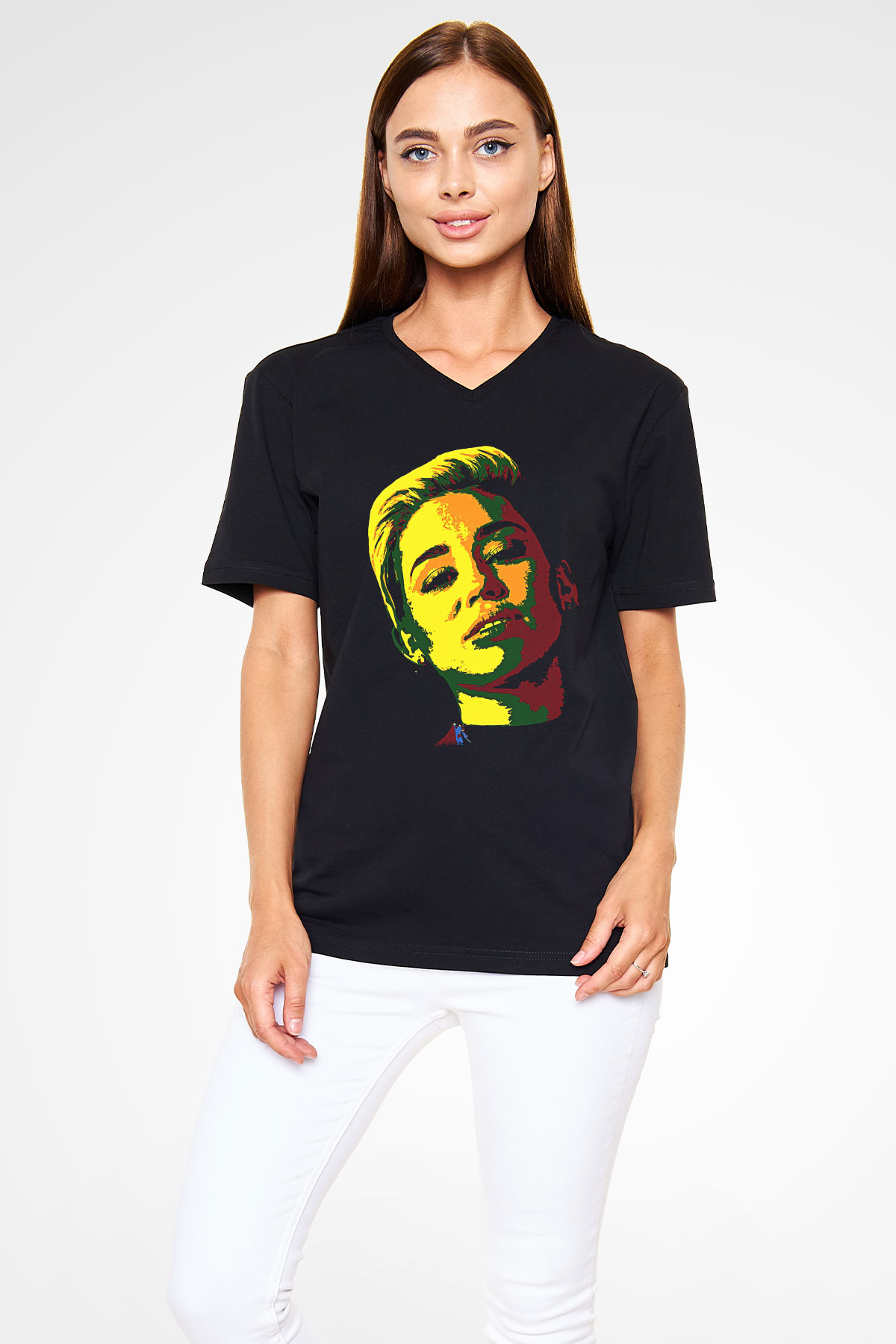 Miley Cyrus Baskılı Unisex Siyah V Yaka Tişört - Tshirt