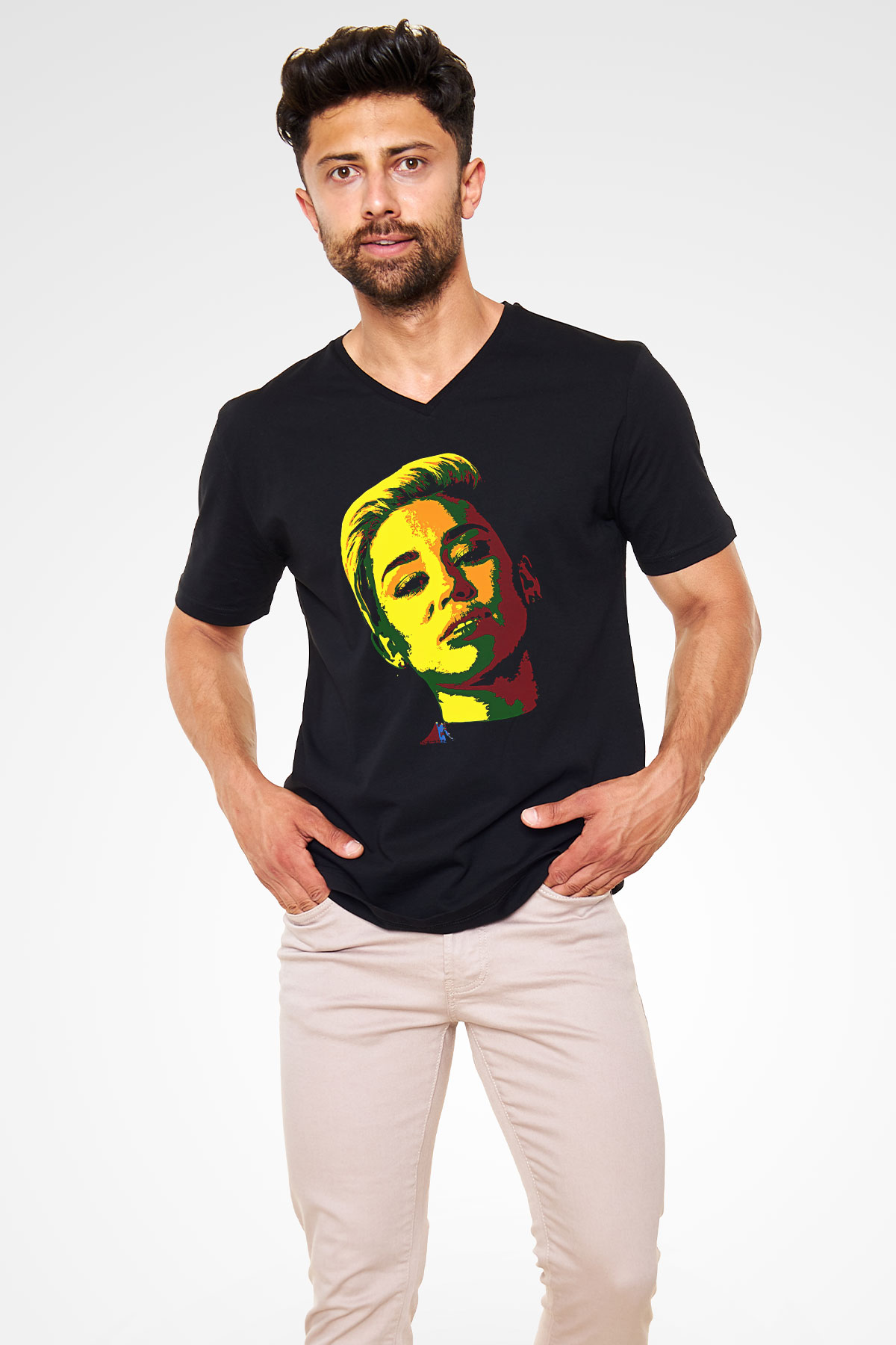 Miley Cyrus Baskılı Unisex Siyah V Yaka Tişört - Tshirt