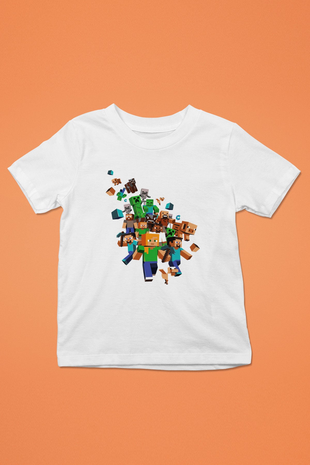 Minecraft Baskılı Beyaz Unisex Çocuk Tişört