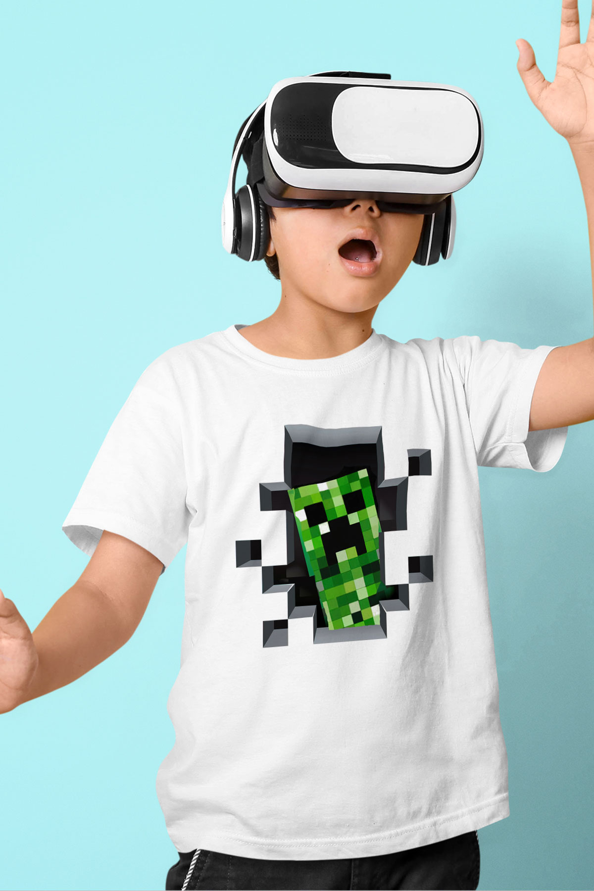 Minecraft Baskılı Beyaz Unisex Çocuk Tişört