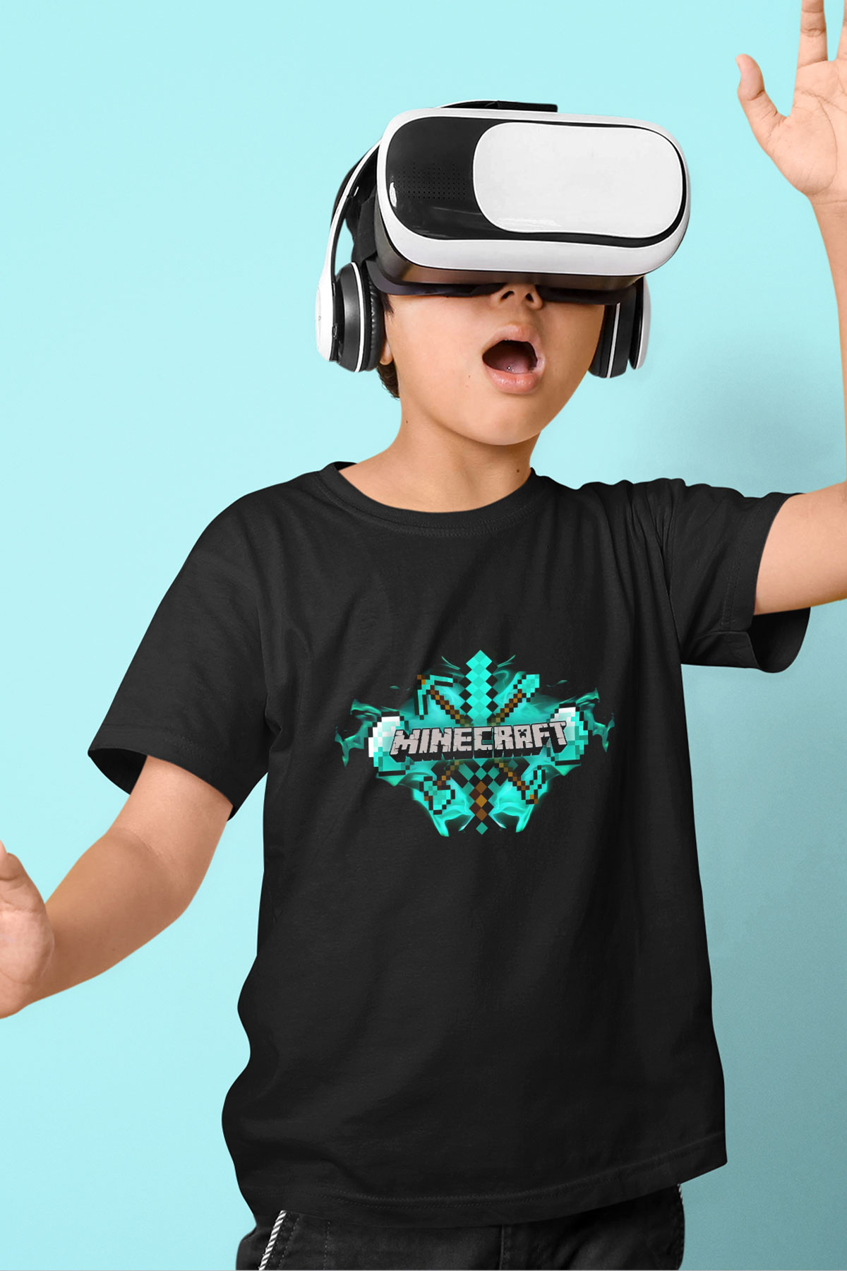 Minecraft Baskılı Siyah Unisex Çocuk Tişört