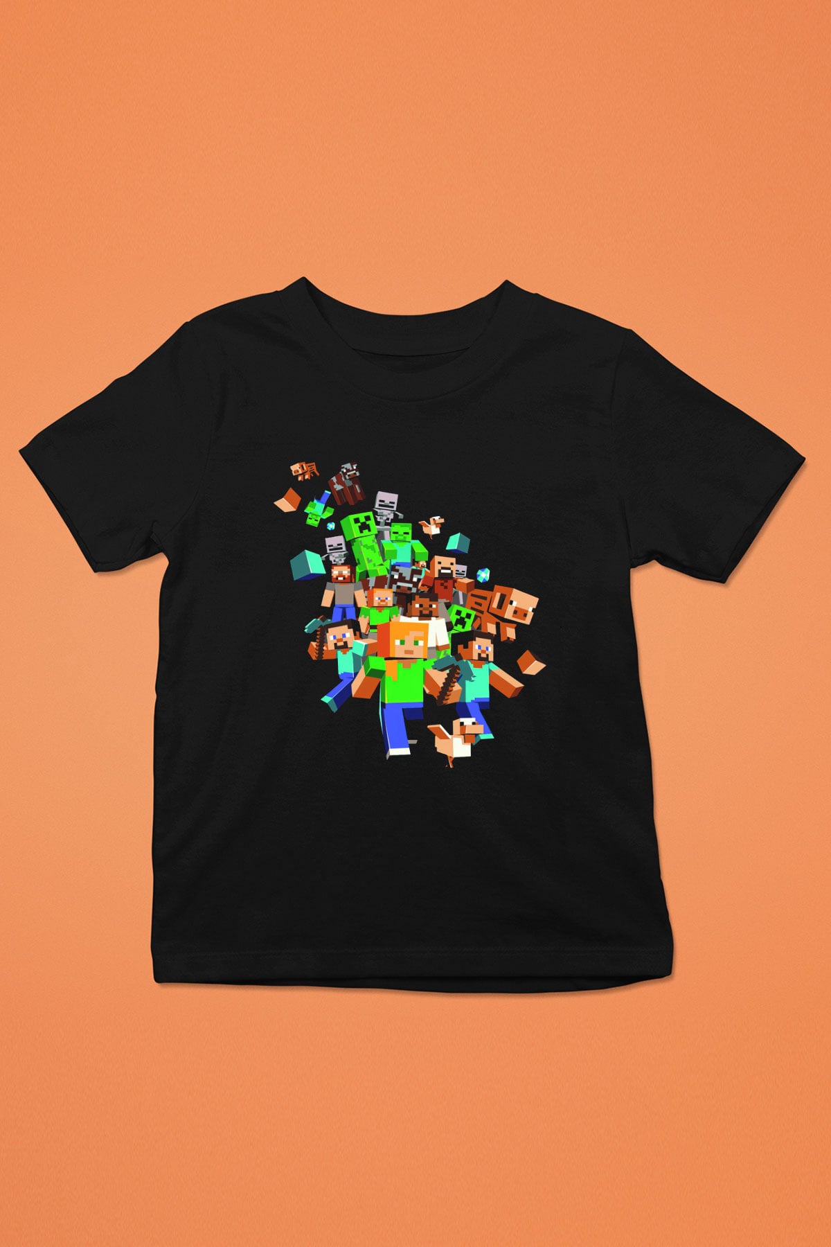 Minecraft Baskılı Siyah Unisex Çocuk Tişört
