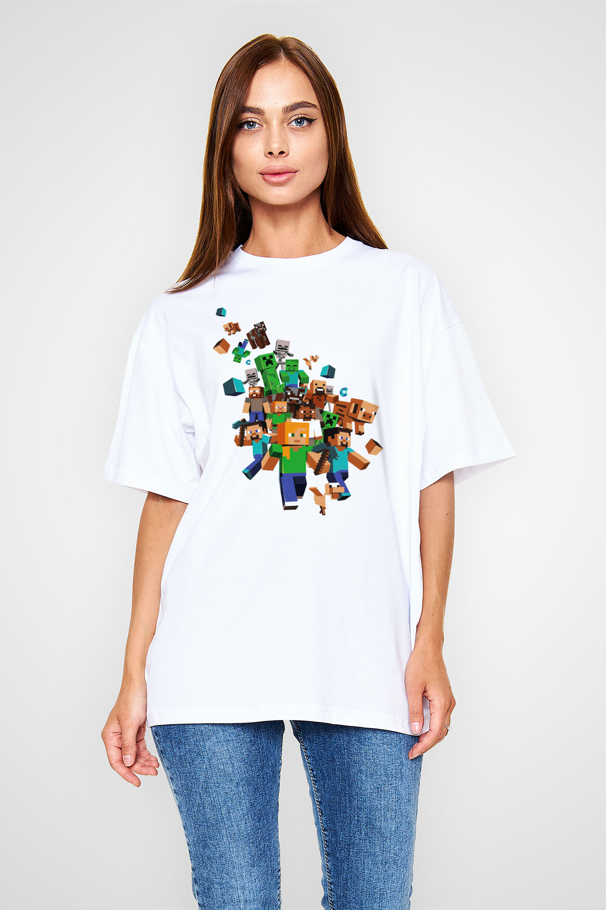Minecraft Beyaz Unisex Oversize Tişört T-Shirt