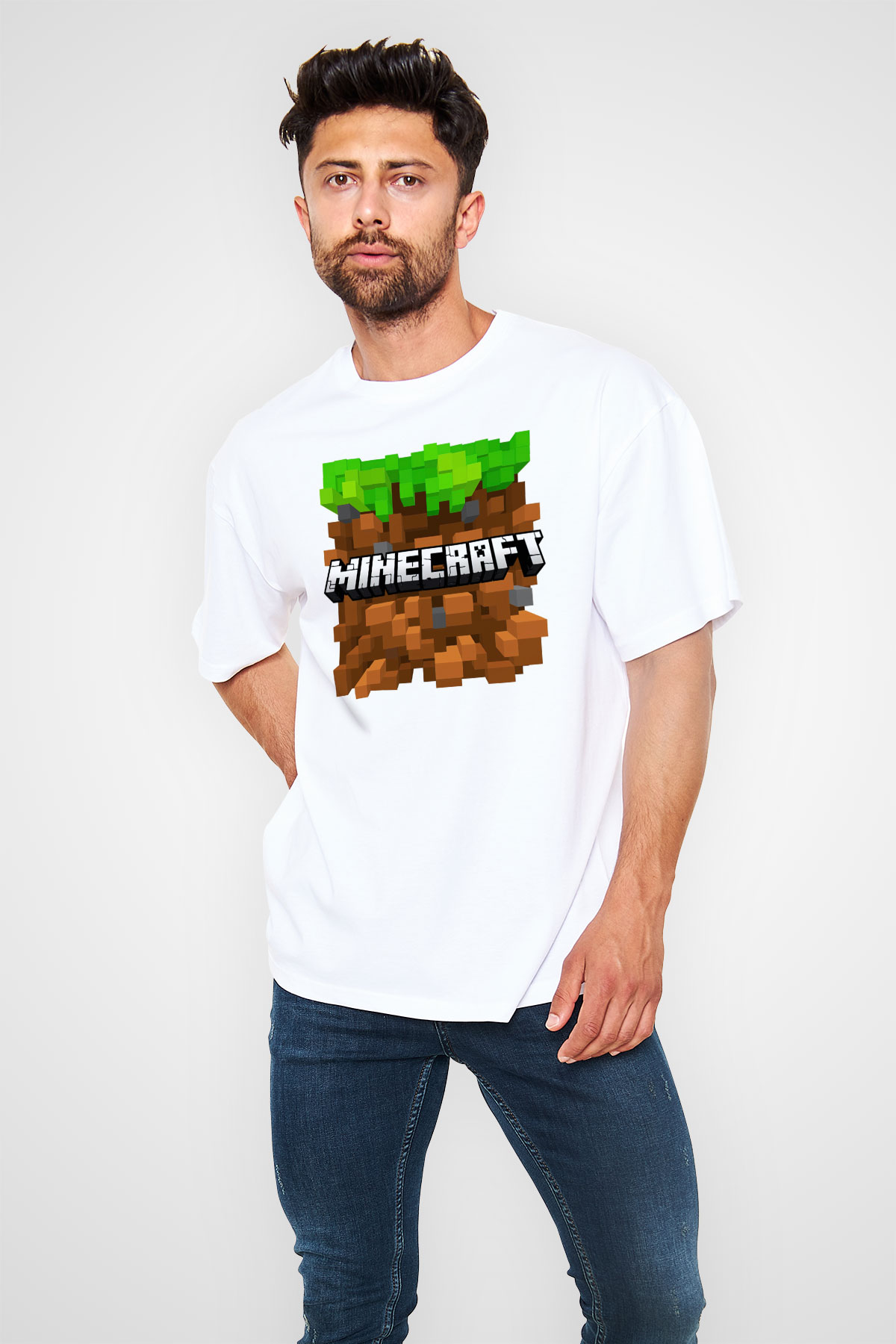 Minecraft Beyaz Unisex Oversize Tişört T-Shirt