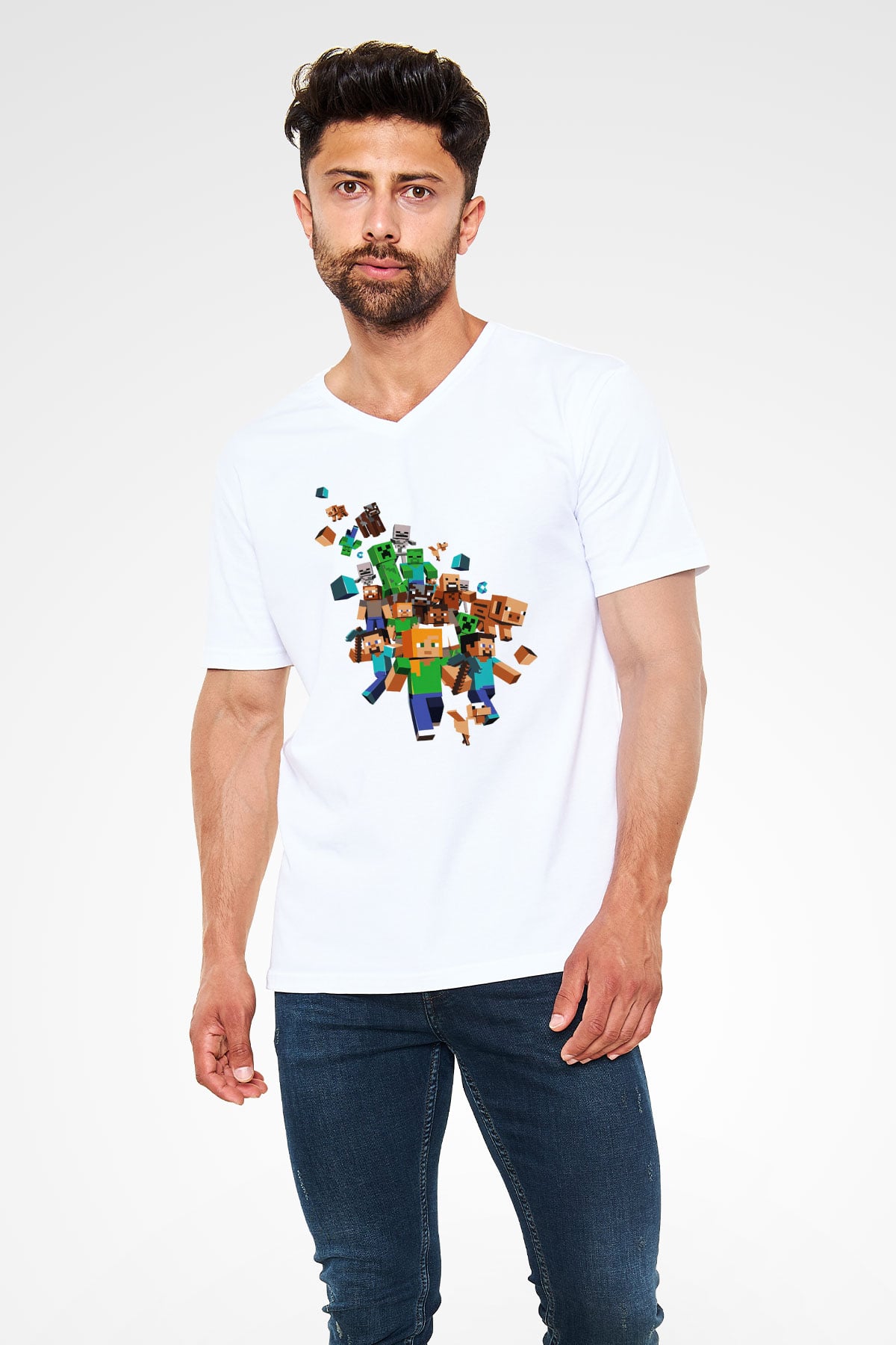 Minecraft Beyaz Unisex V Yaka Tişört T-Shirt