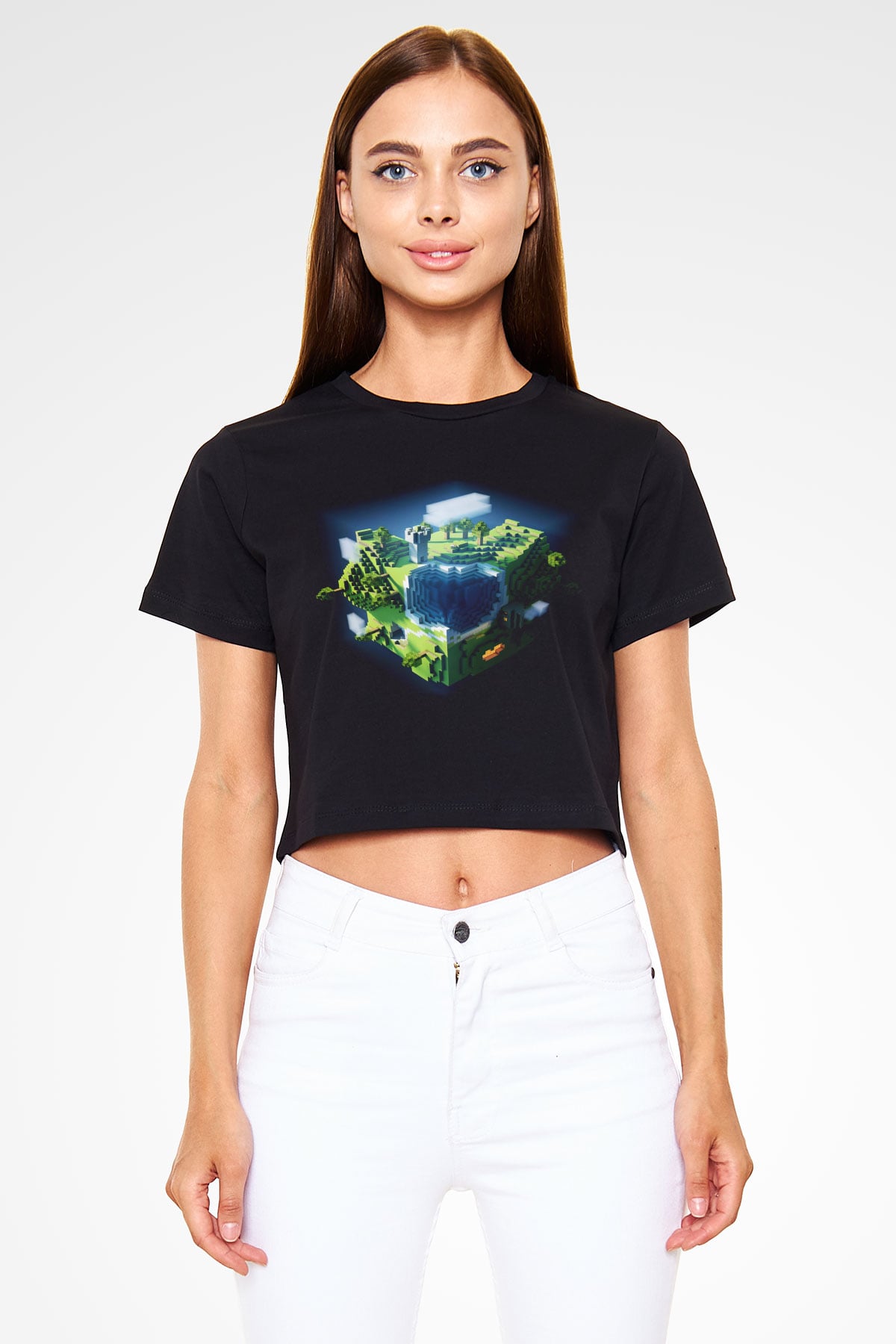 Minecraft Siyah Crop Top Tişört