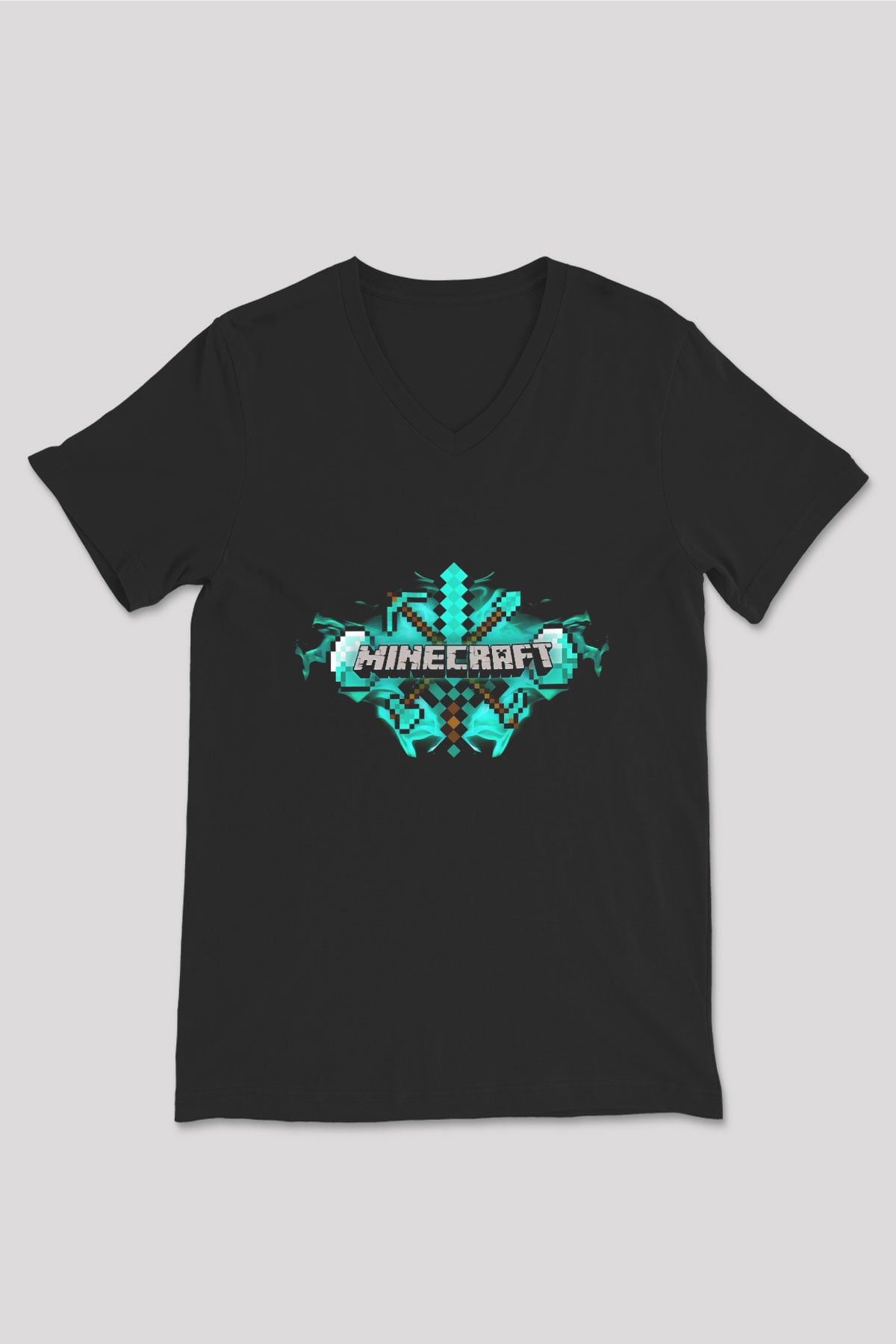 Minecraft Siyah Unisex V Yaka Tişört