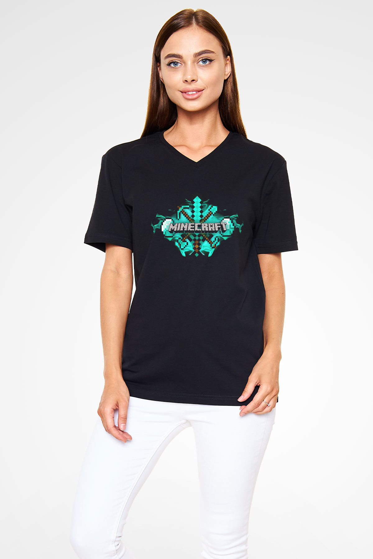 Minecraft Siyah Unisex V Yaka Tişört