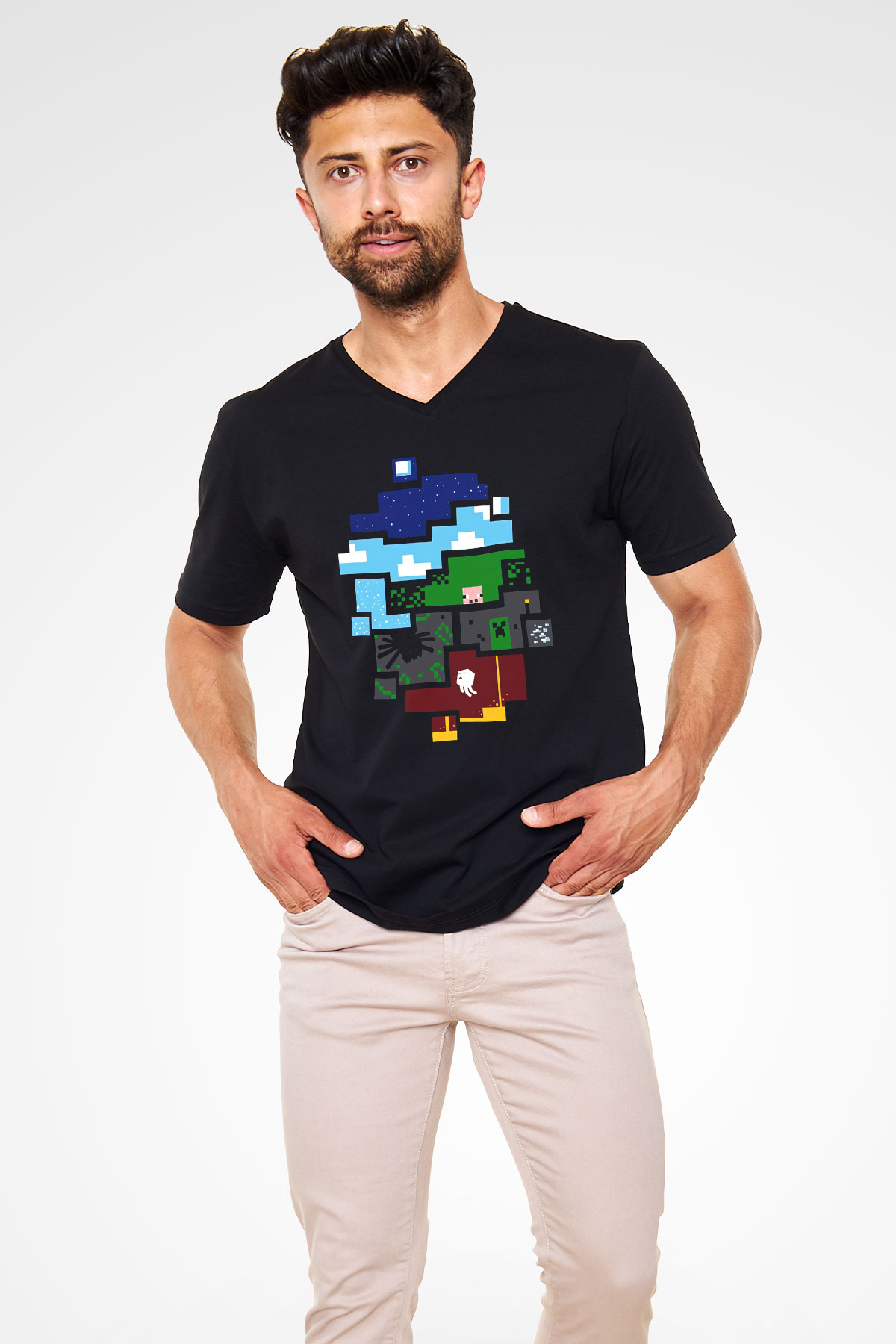 Minecraft Siyah Unisex V Yaka Tişört T-Shirt