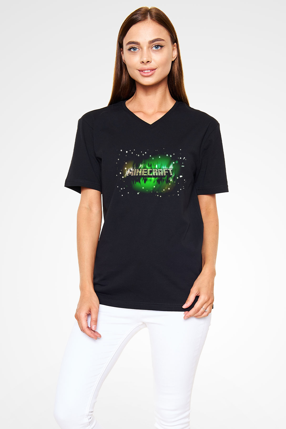 Minecraft Siyah Unisex V Yaka Tişört T-Shirt
