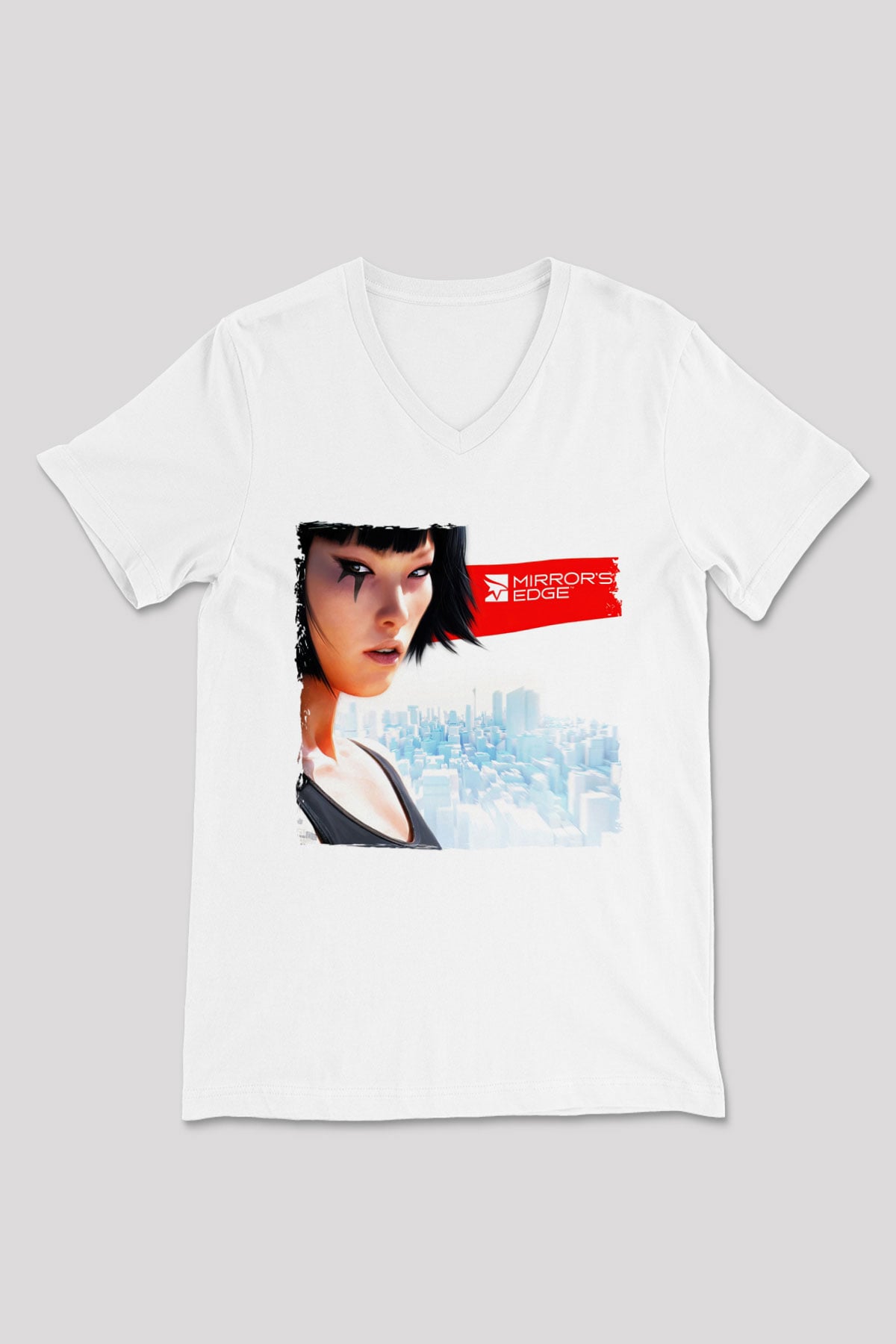 Mirror's Edge Beyaz Unisex V Yaka Tişört