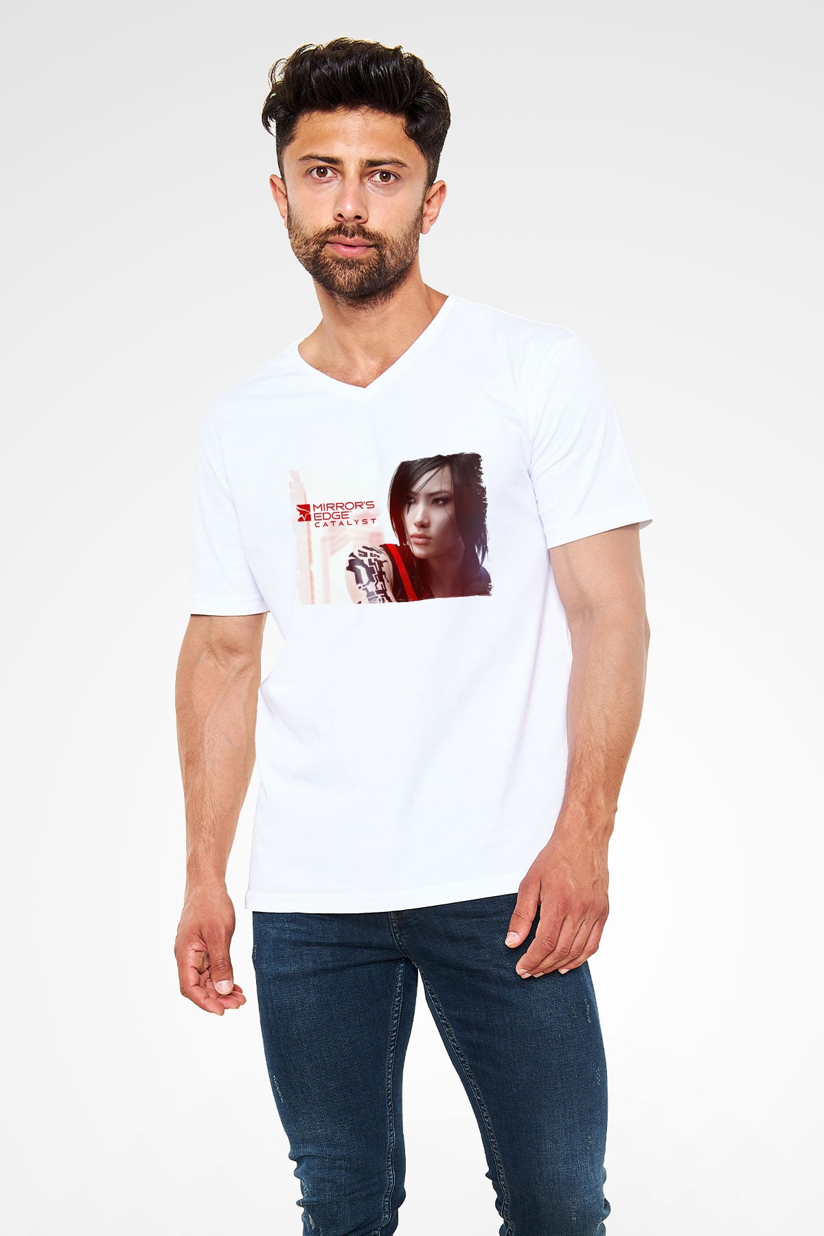 Mirror's Edge Beyaz Unisex V Yaka Tişört