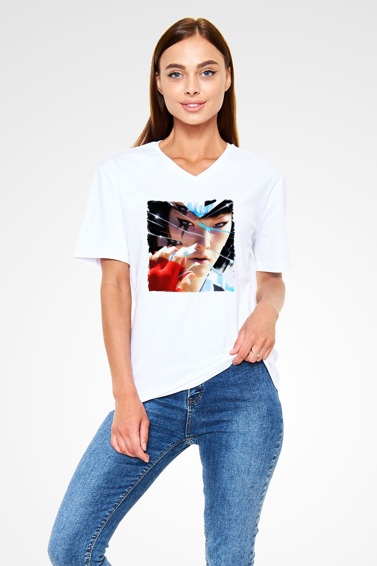 Mirror's Edge Beyaz Unisex V Yaka Tişört