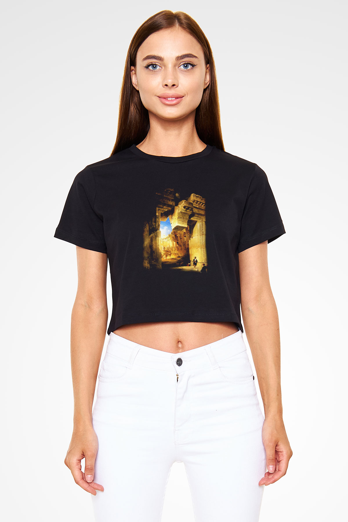 Mısır Harabeleri Siyah Crop Top Tişört