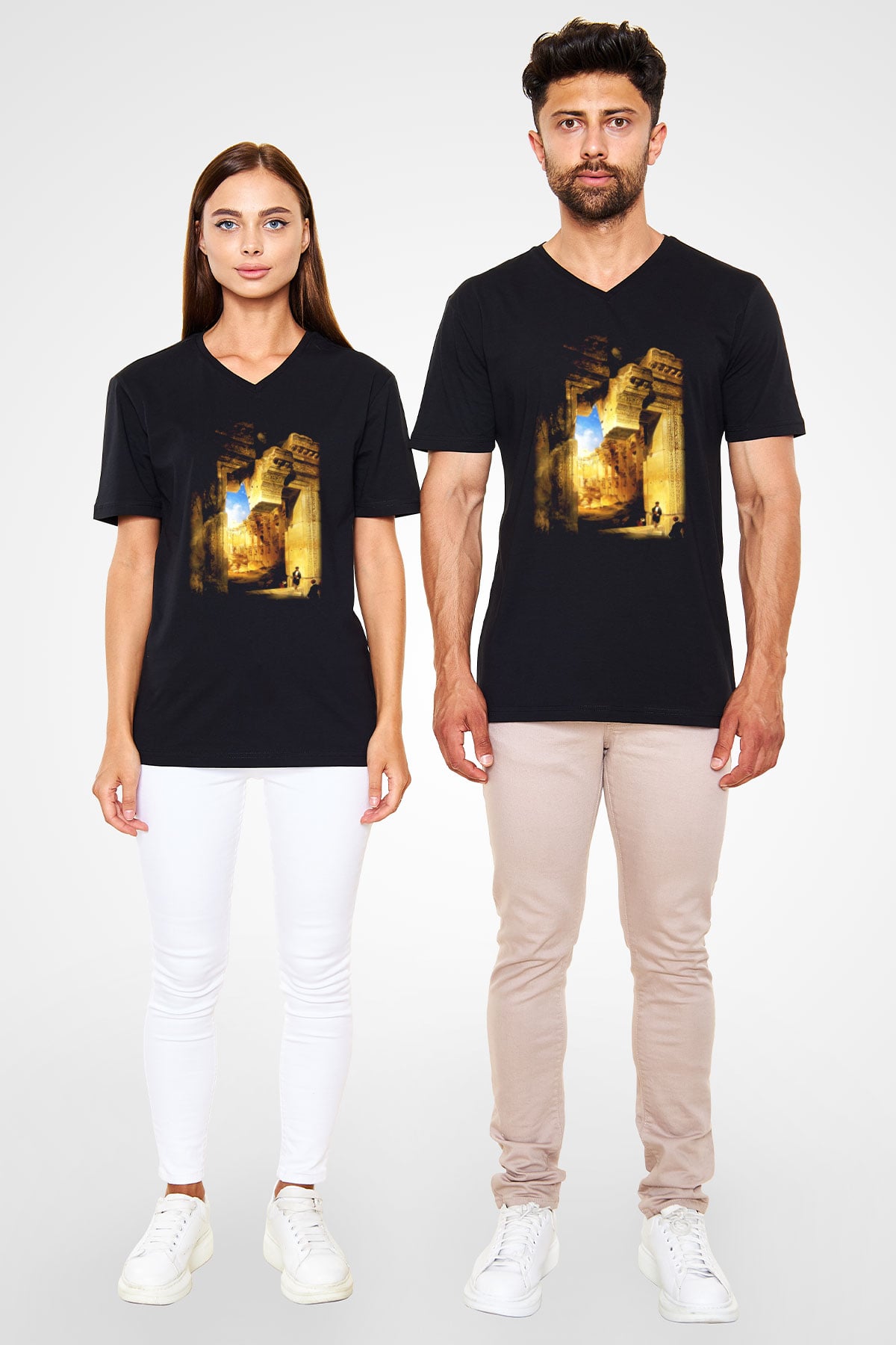 Mısır Harabeleri Siyah Unisex V Yaka Tişört T-Shirt