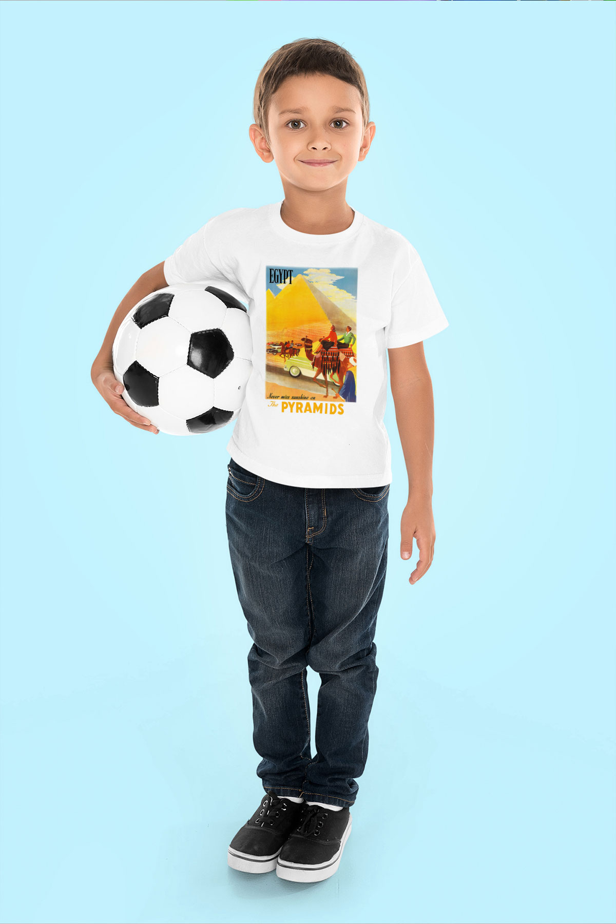 Mısır Piramitleri Baskılı Beyaz Unisex Çocuk Tişört