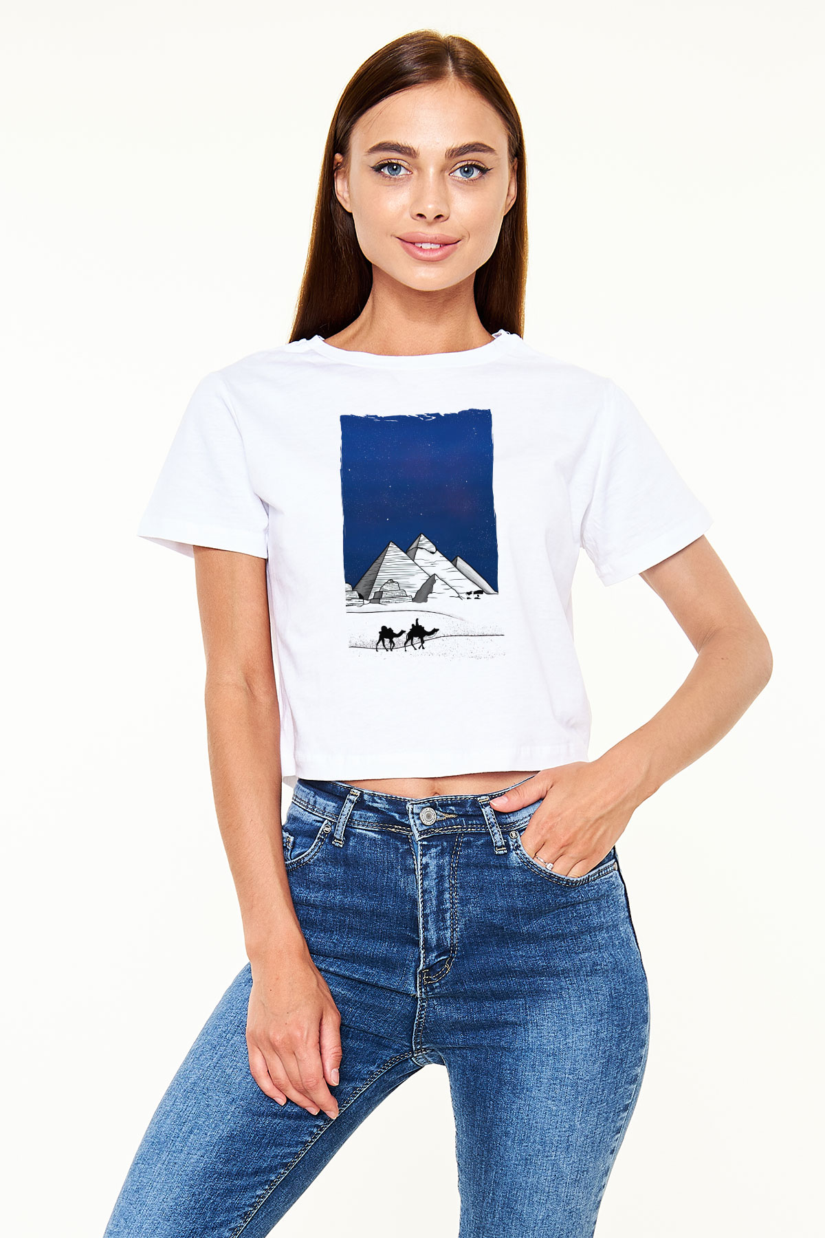 Mısır Piramitleri Beyaz  Crop Top Tişört