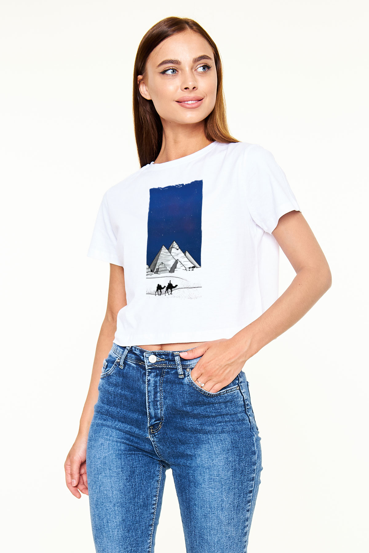 Mısır Piramitleri Beyaz  Crop Top Tişört