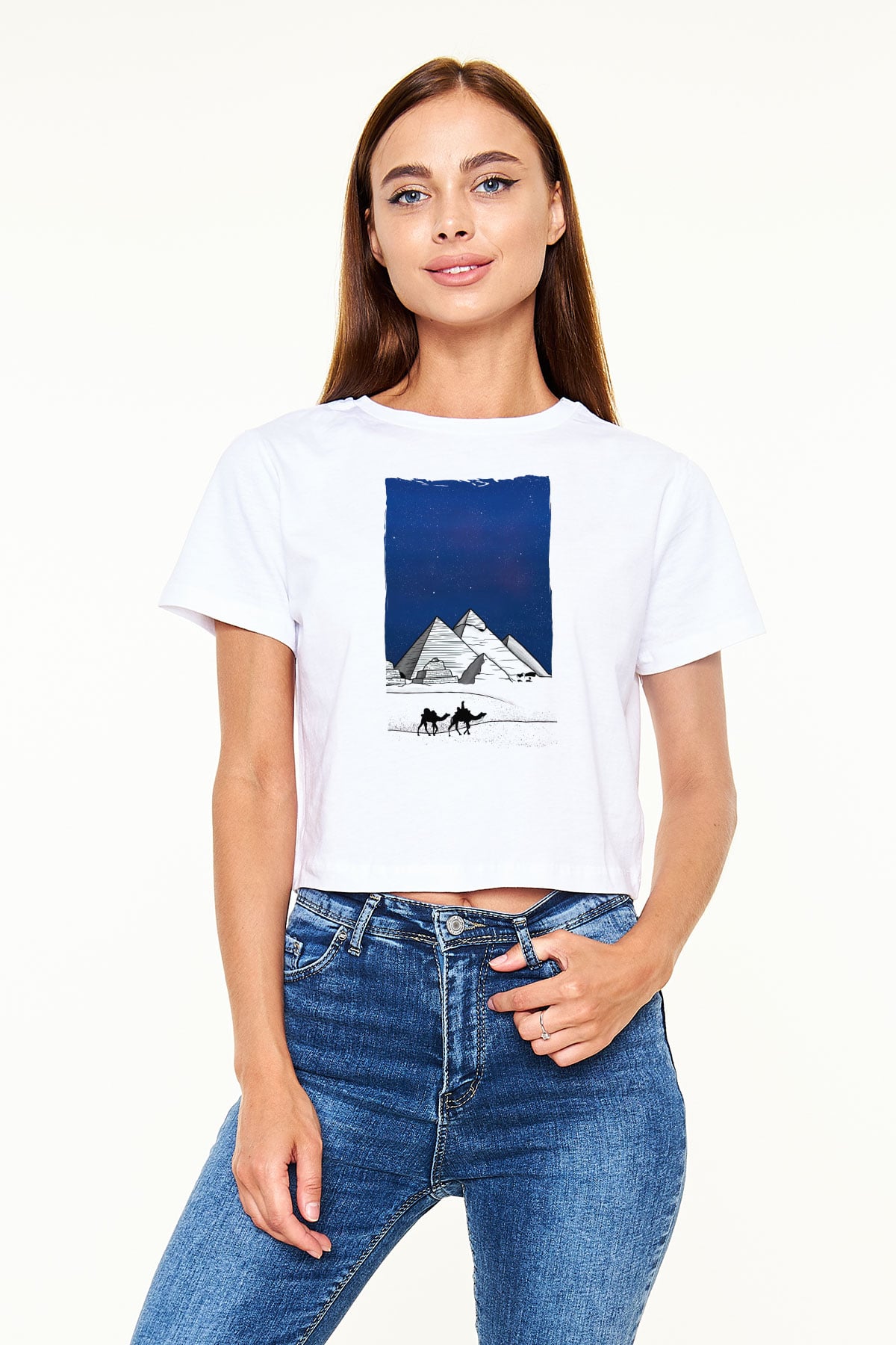 Mısır Piramitleri Beyaz  Crop Top Tişört