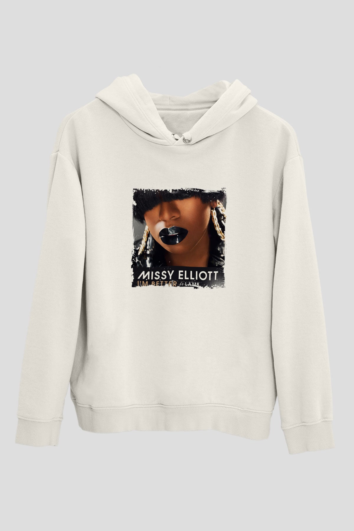 Missy Elliott Baskılı Unisex Beyaz Kapüşonlu Sweatshirt