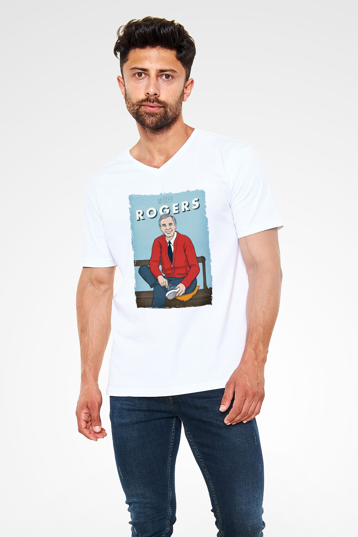 Mister Rogers Neighborhood Beyaz Unisex V Yaka Tişört