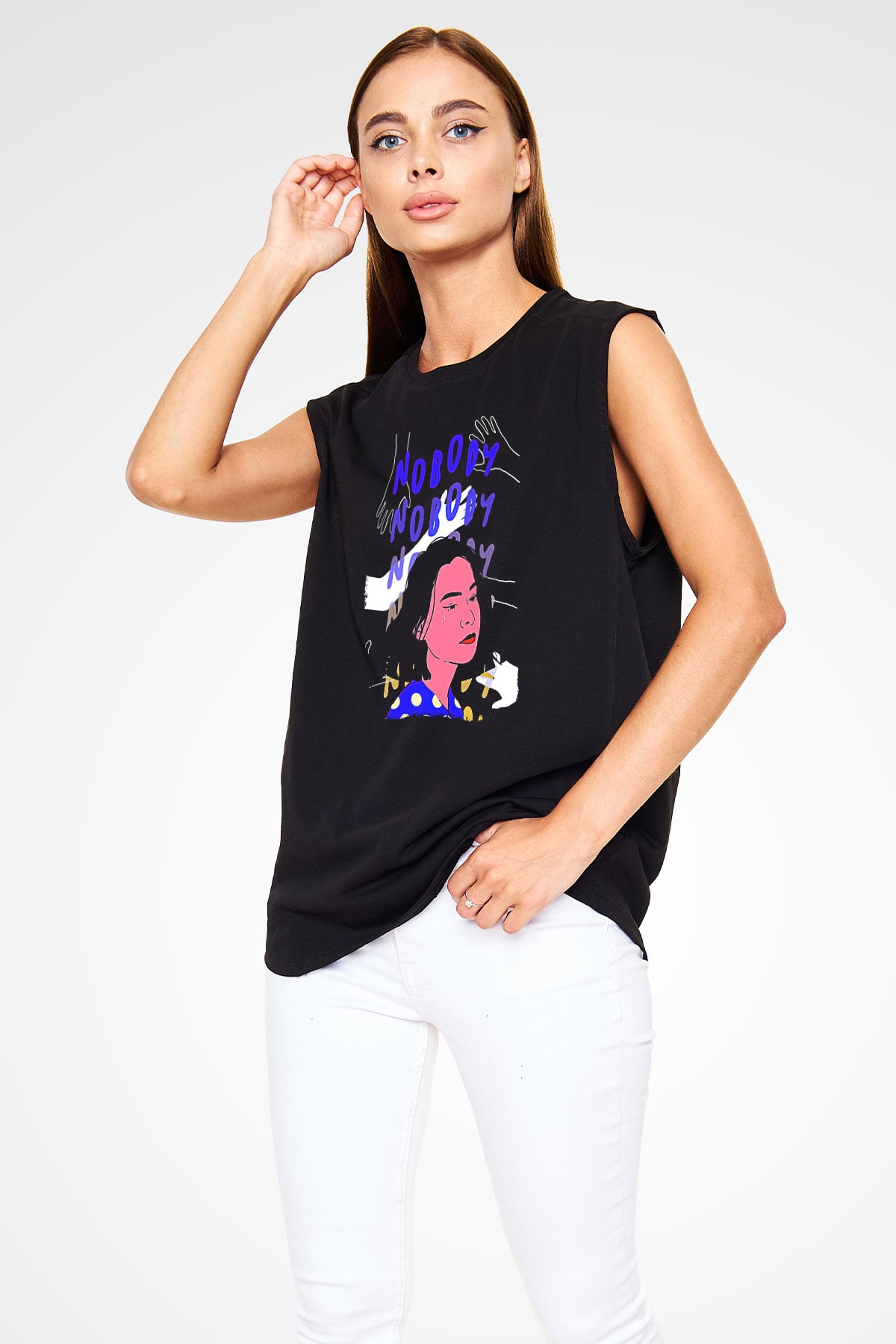 Mitski Baskılı Baskılı Unisex Siyah Kolsuz Tişört - Tshirt