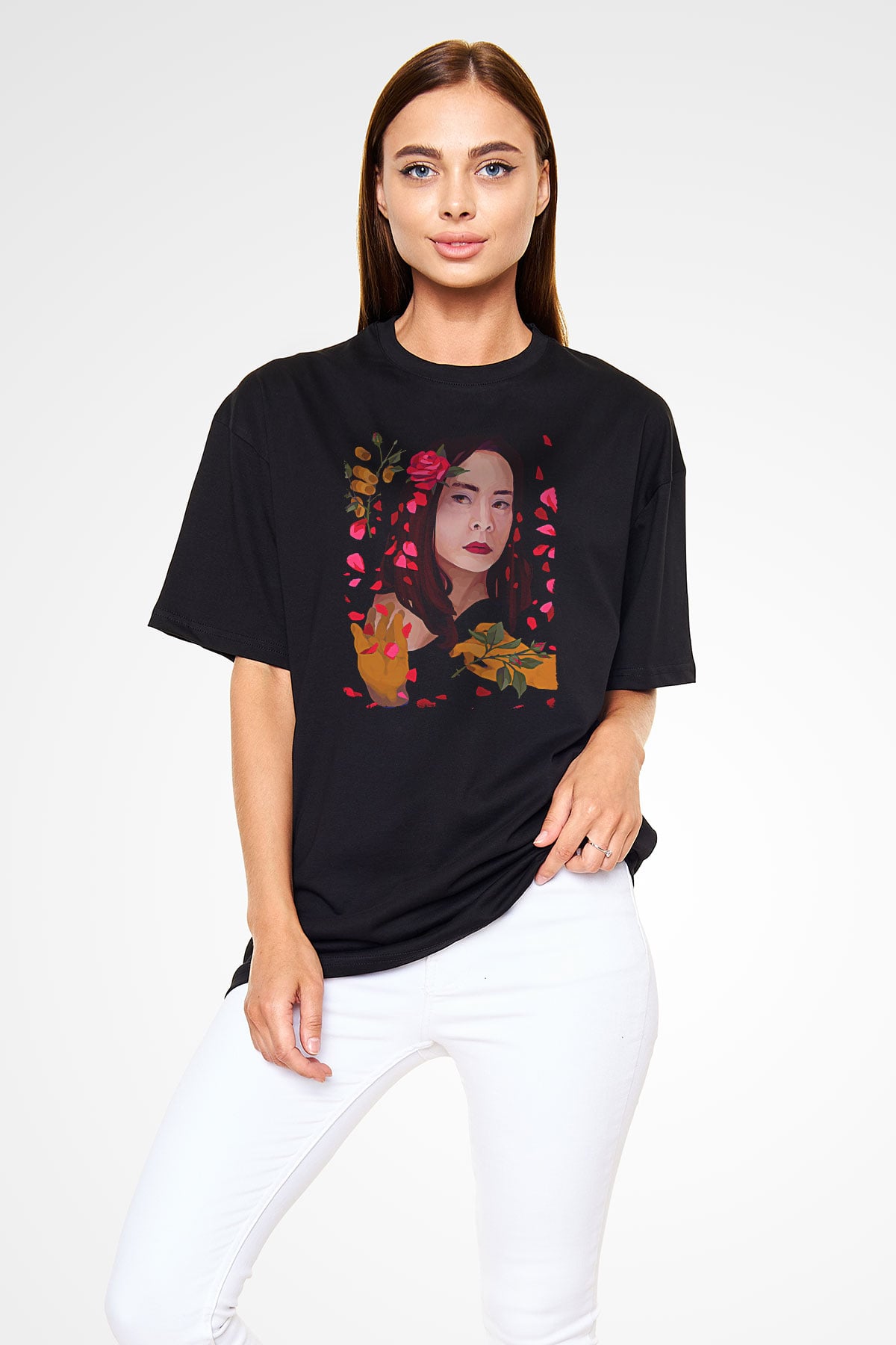 Mitski Baskılı Baskılı Unisex Siyah Oversize Tişört - Tshirt