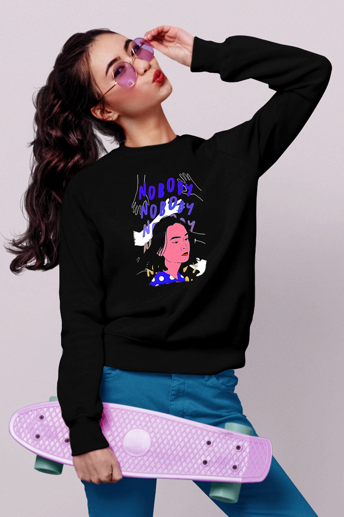 Mitski Baskılı Baskılı Unisex Siyah Sweatshirt