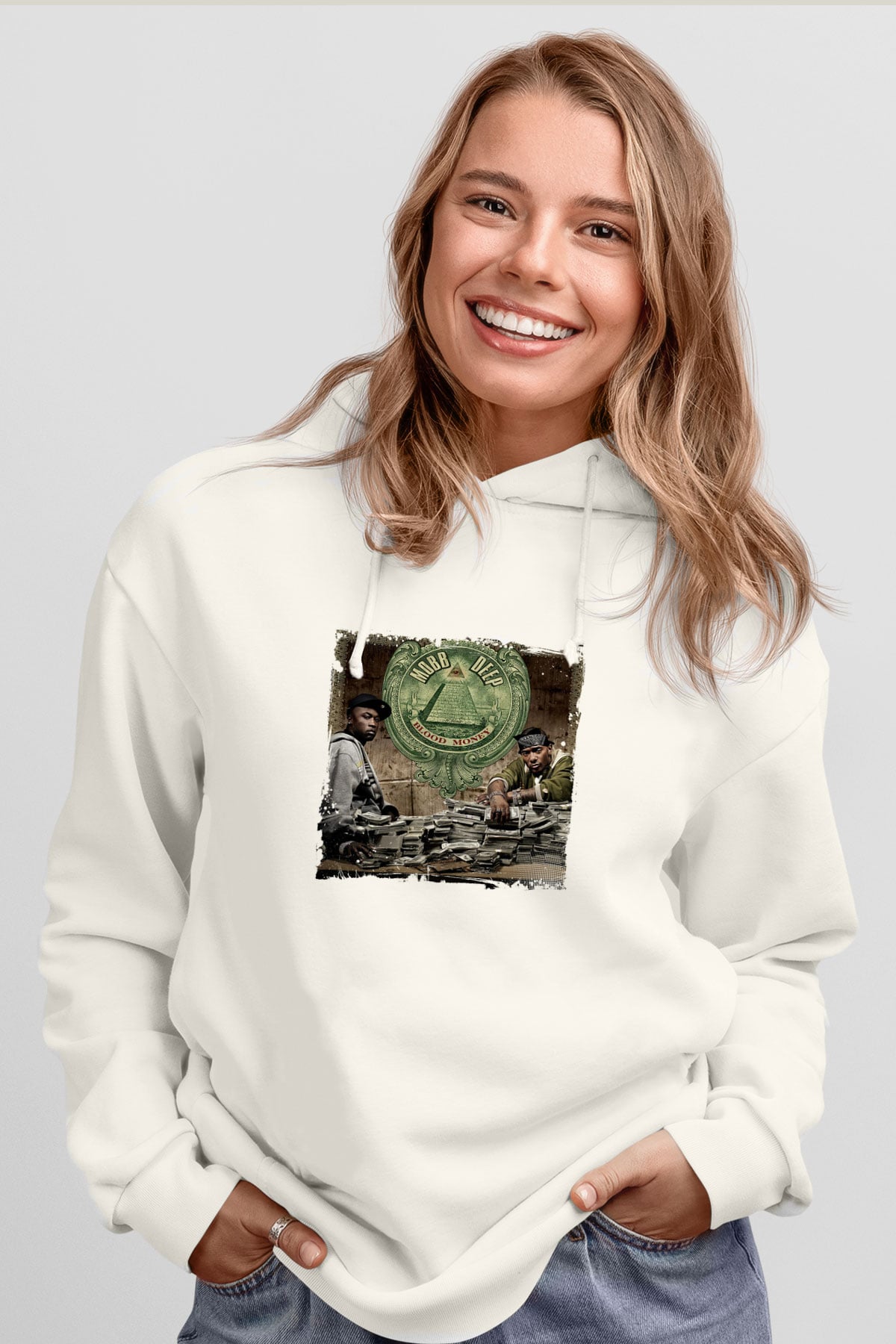 Mobb Deep Baskılı Unisex Beyaz Kapüşonlu Sweatshirt
